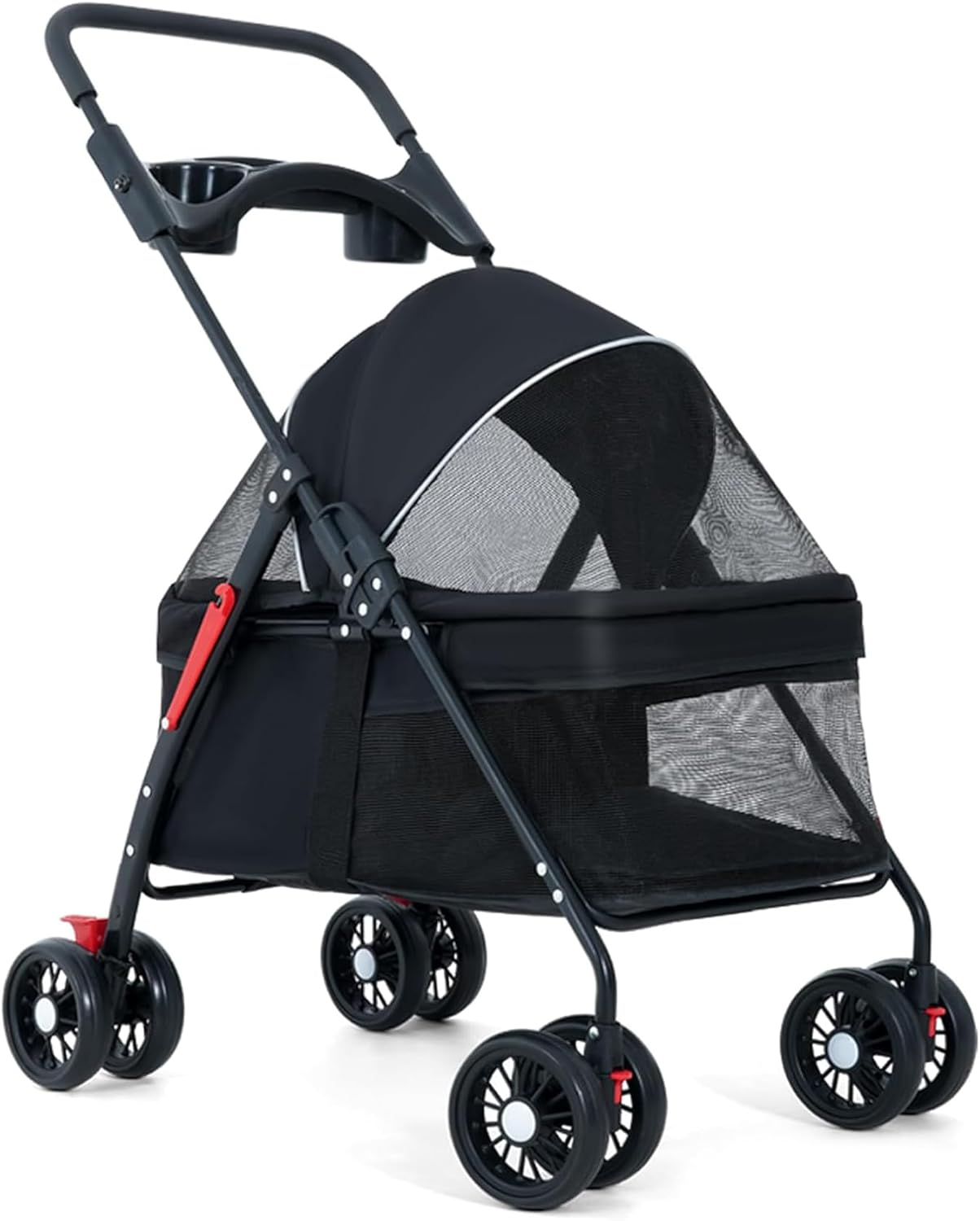 4 Wheels Dog Cat Stroller, Foldable Pet Folding Stroller with Storage Basket and Cup Holder for Medium Small Dogs Cats, Black image number 1