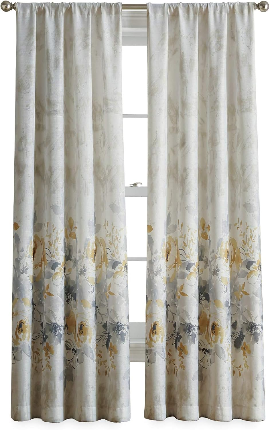 CHF Watercolor Floral Print Flip over Rod Pocket Single Curtain Panel, 95 In, Gold image number 6