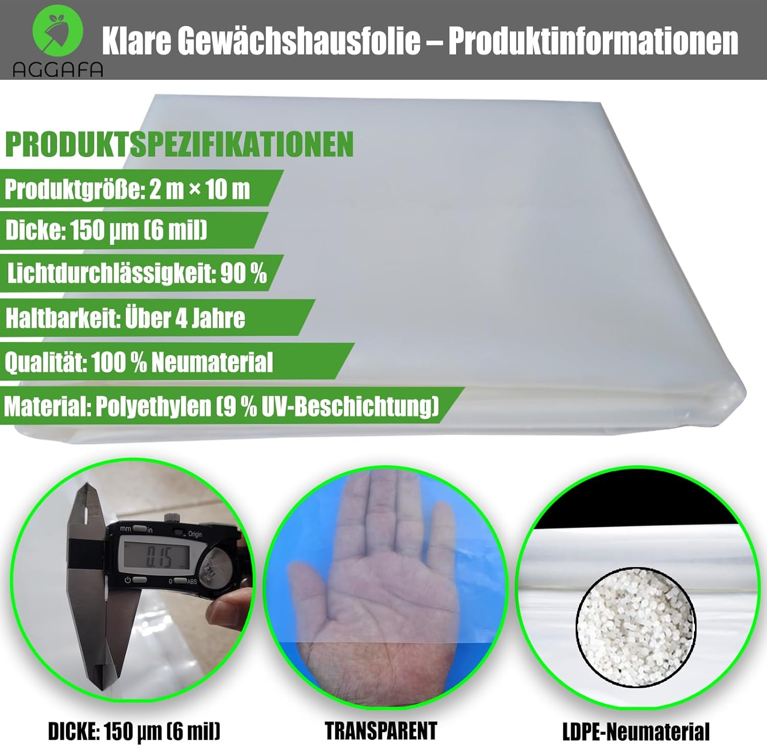 Heavy Duty Greenhouse Plastic Sheeting &ndash; 150&Mu;m (6 Mil) Clear Polyethylene Film, 4-Year UV Resistance, 90% High Light Transmission, Made from 100% Virgin Raw Materials (150Um-2Mx10M)