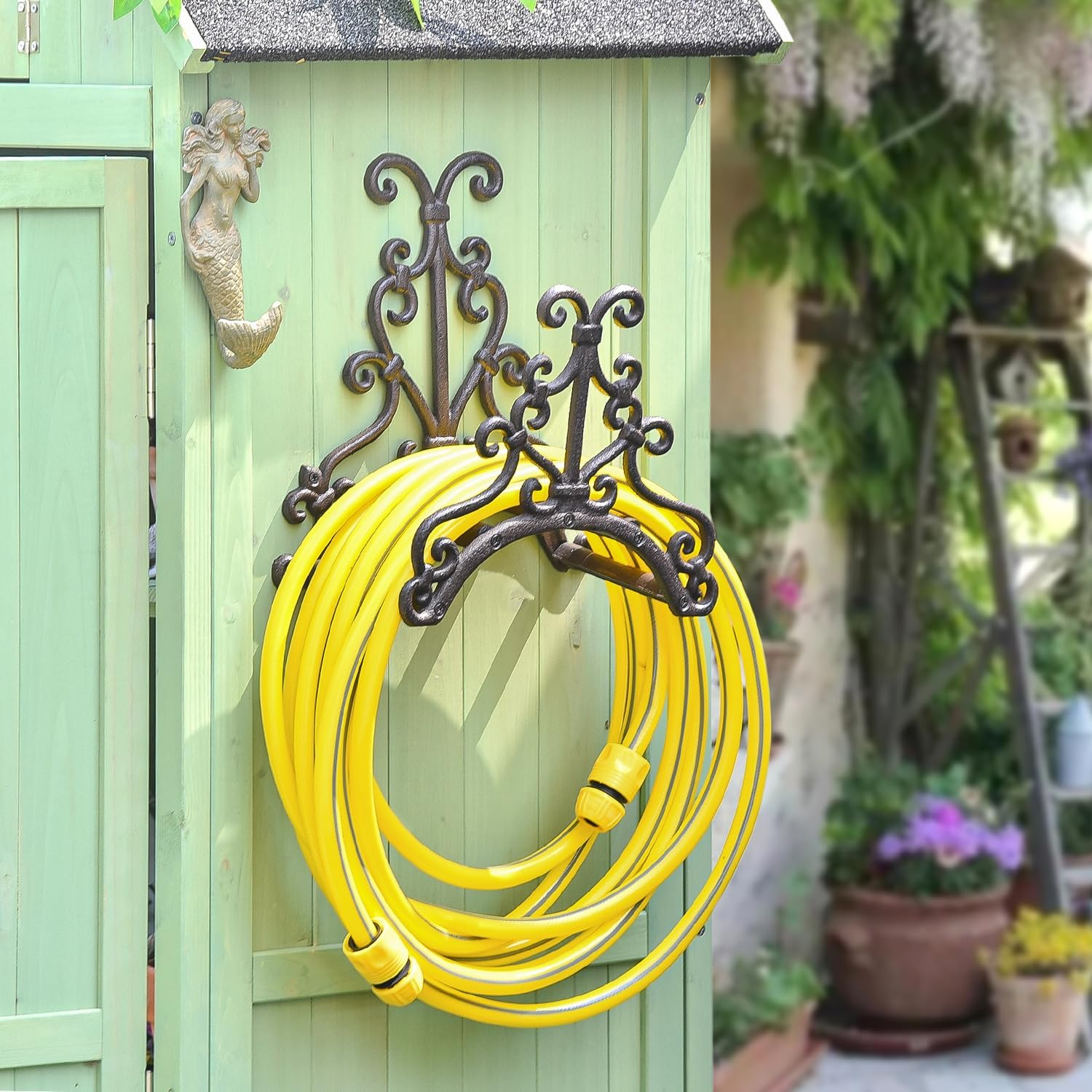 Sungmor Heavy Duty Cast Iron Garden Hose Holder - Wall Mounted Water Hose Hanger - European Vintage Pattern Decorative Hose Rack - Large Water Hose Bulter Storage - Indoor Outdoor Metal Hose Stand image number 3