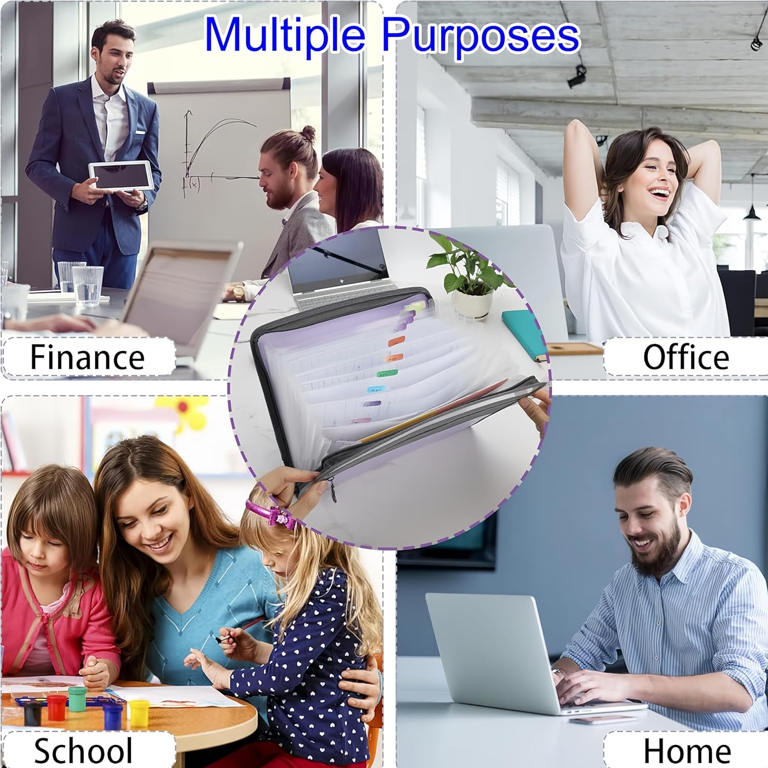 File Organiser Expanding File A4 Binder Display Folder Document Holder Office Supplies 13 Pockets Document Organizer with Zipper Document Wallet with 24Pcs Multicolor Labels