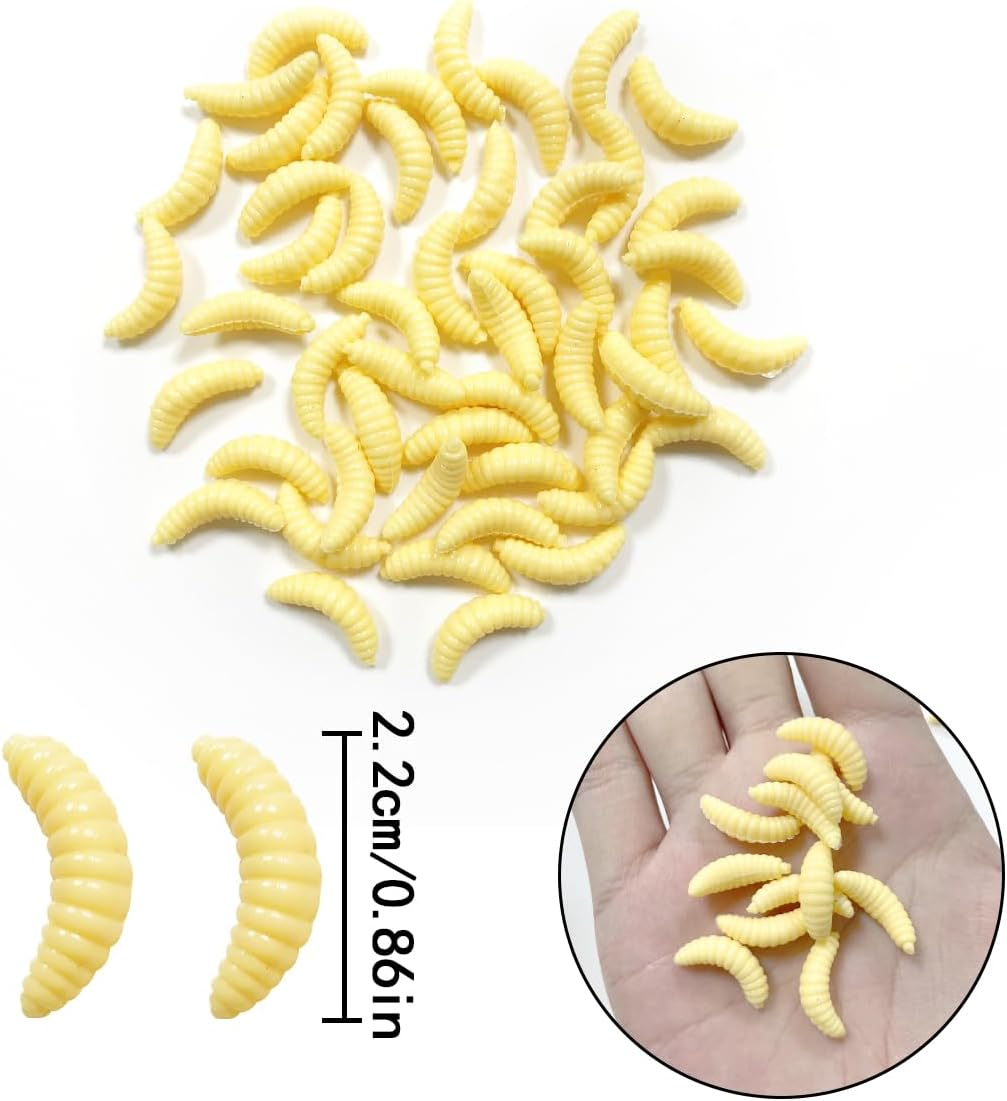 Mini Soft Worm Lures, 50 PCS Small Realistic Fishing Lures for Saltwater, Freshwater, Prank Props (Yellow, 2Cm/0.78In) image number 6