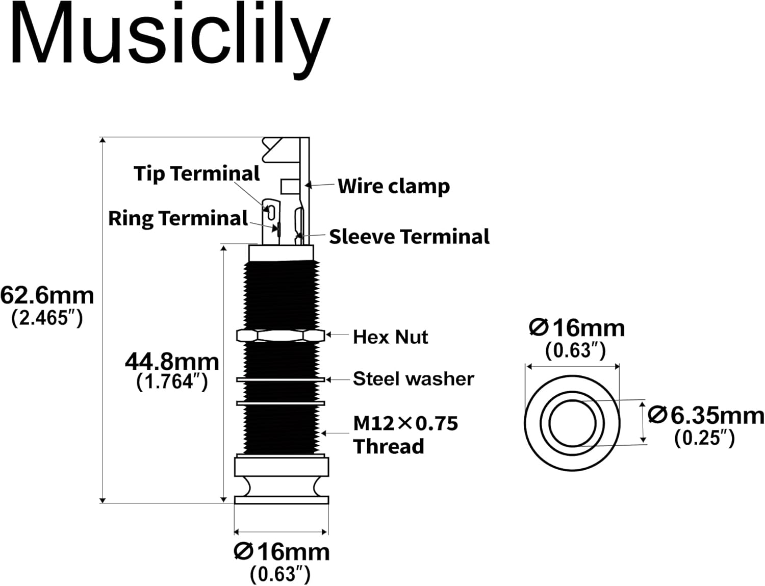 Musiclily Pro 1/4 Inch Mono/Stereo Endpin Output Jack Strap Button Threaded Jack Socket for Acoustic Guitar Bass, Chrome image number 1