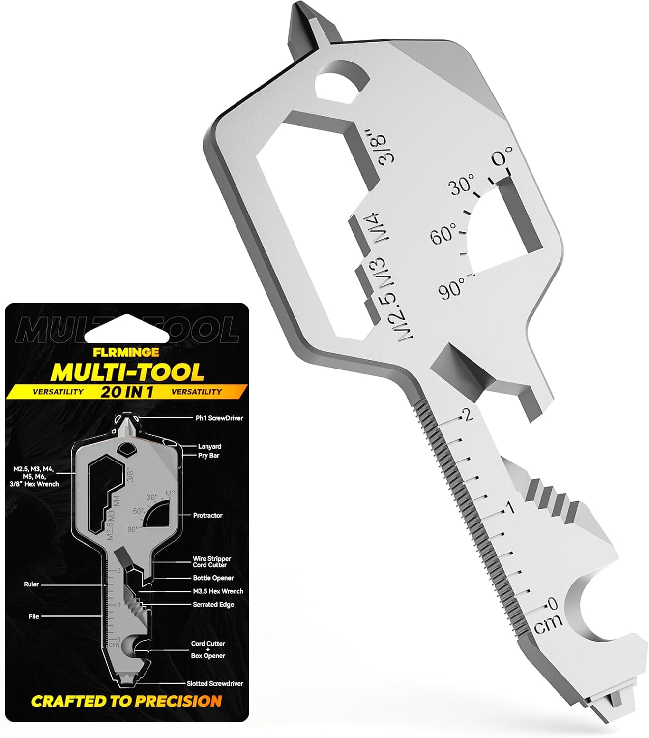 Key Shaped Pocket Multitool 26-In1 Multi Tool, Bottle Opener, Box Opener, Philip and Flat-Head Screwdrivers, 8 Size Hex Wrench, Allen Wrench, Ruler, Protractor, Wire-Stripper (Black)