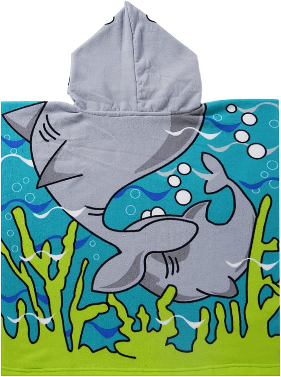Kids Shark Beach Towel with Hood for Age 1-6 Years Toddler Boys - Soft Microfiber Super Absorbent Poncho Towel, Multi-Use for Bath/Swim/Pool/Shower 23.6 X 23.6 Inch