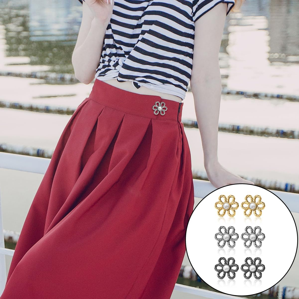 Pant Waist Tightener, 6 PCS Flower Shape Adjustable No Sewing Buttons for Loose Jeans, Pants, Skirts, Sleeves (3 Styles) image number 3