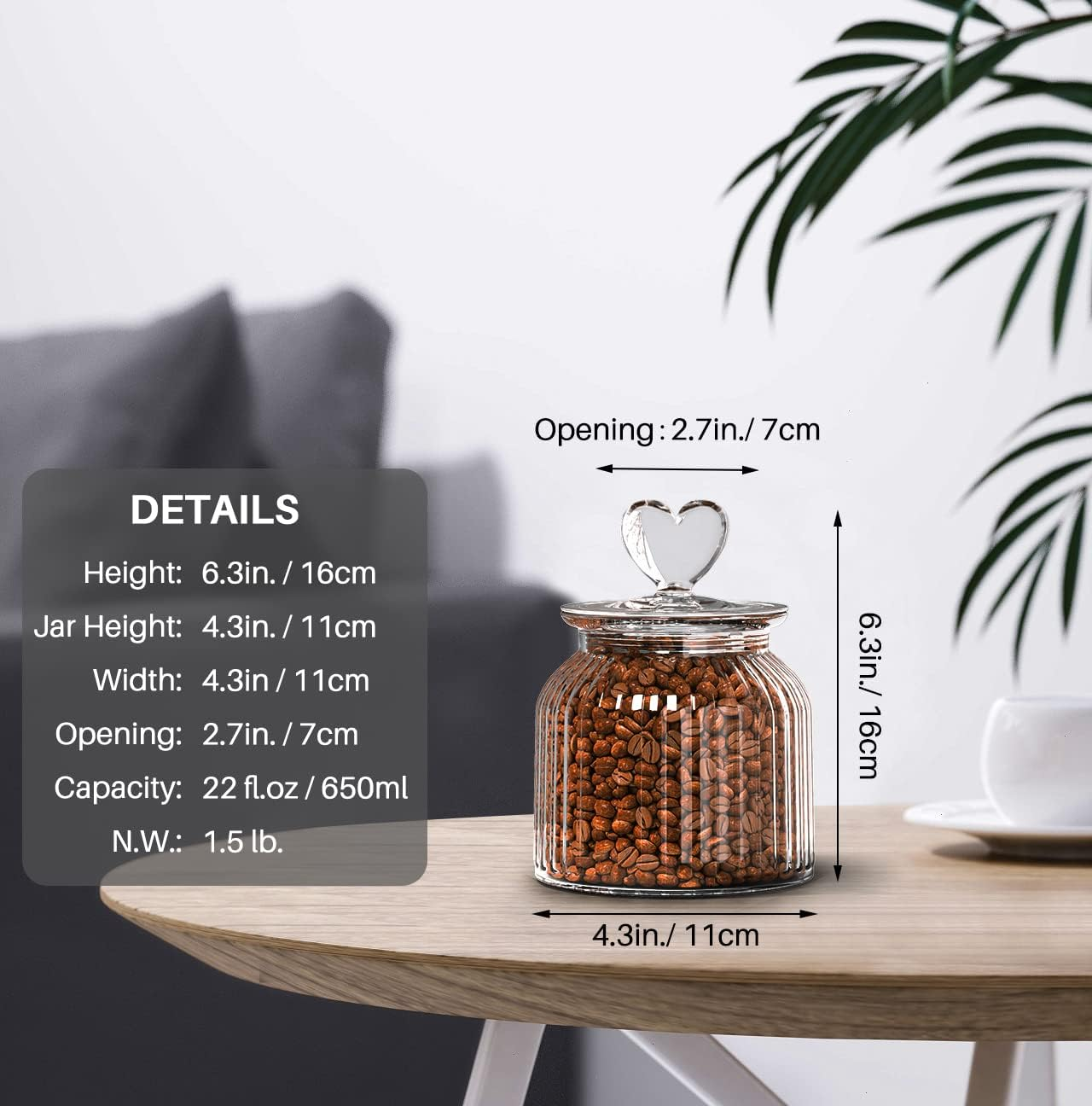 22 Oz Clear Glass Canister with Cute Heart Shaped Lids Set, Food Storage Glass Jars with Airtight Lids for Kitchen and Dining Room, Stripe/Set of 2 image number 2