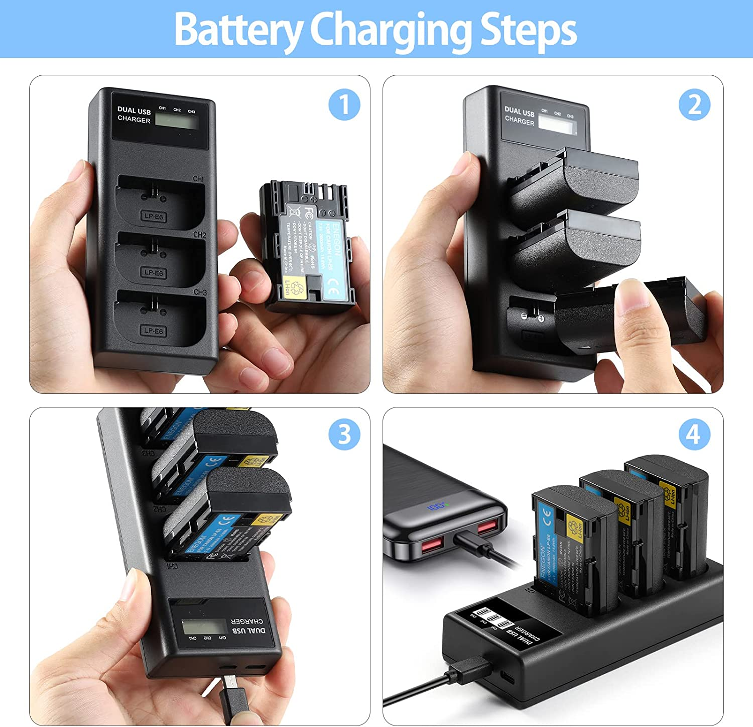 ENEGON LP-E6 Triple Slot Charger for Canon LP-E6, LP-E6N and Canon EOS 5D Mark II/III/IV, 5DS, 5DSR, 6D, 7D, 7D Mark II, 60D, 70D and More image number 6