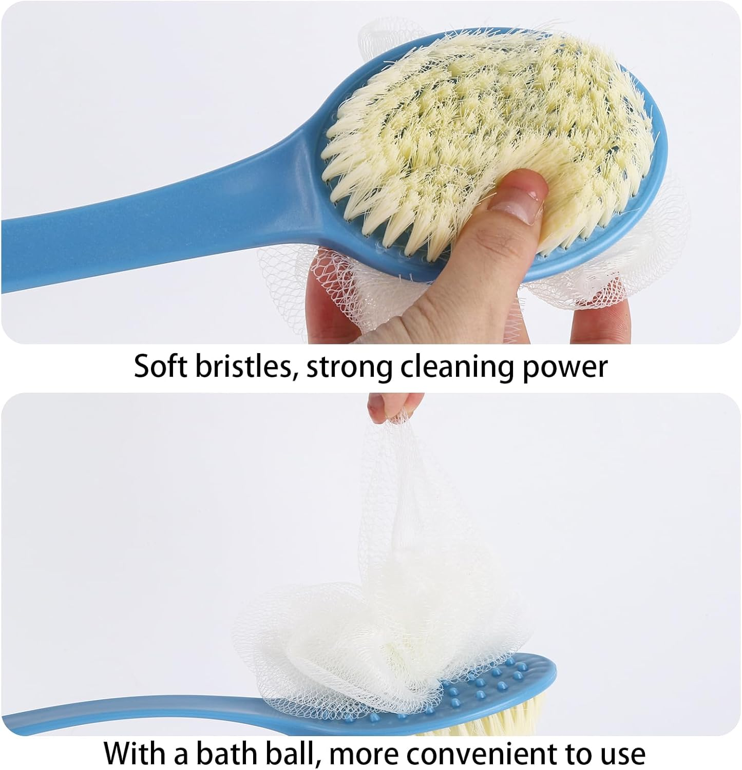 Long Handle Body Shower Brush with Soft Bristle and Exfoliating Loofah Bath Sponge - 13.4 Inches Blue Back Scrubber for Adults Bathroom Accessories image number 5