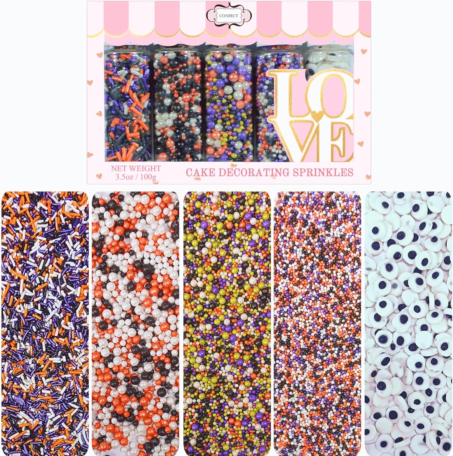 Confect Sprinkles Mix for Baking & Cake Decorative Sprinkles Assorted Pack of 5 Treat with Trick Sliver, Orange, Irish Purple & Black Dragees & Vermicelli Sprinkles - 3.5Oz image number 6