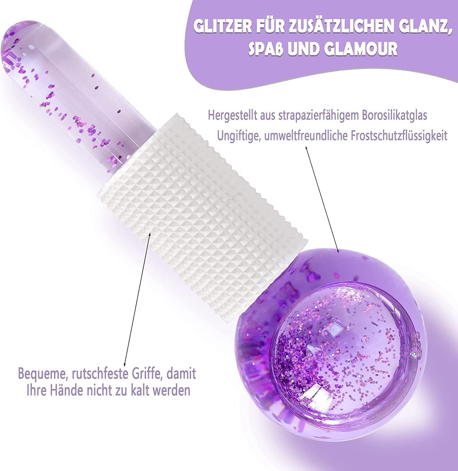 Ice Globes for Face - 2PCS Unbreakable Ice Roller for Face & Eyes, Skin Tightening & Anti-Aging&ndash;Perfect Ice Globes for Reduction of Puffiness & Wrinkles of Face, Neck & Eyes, Glitter Purple image number 6