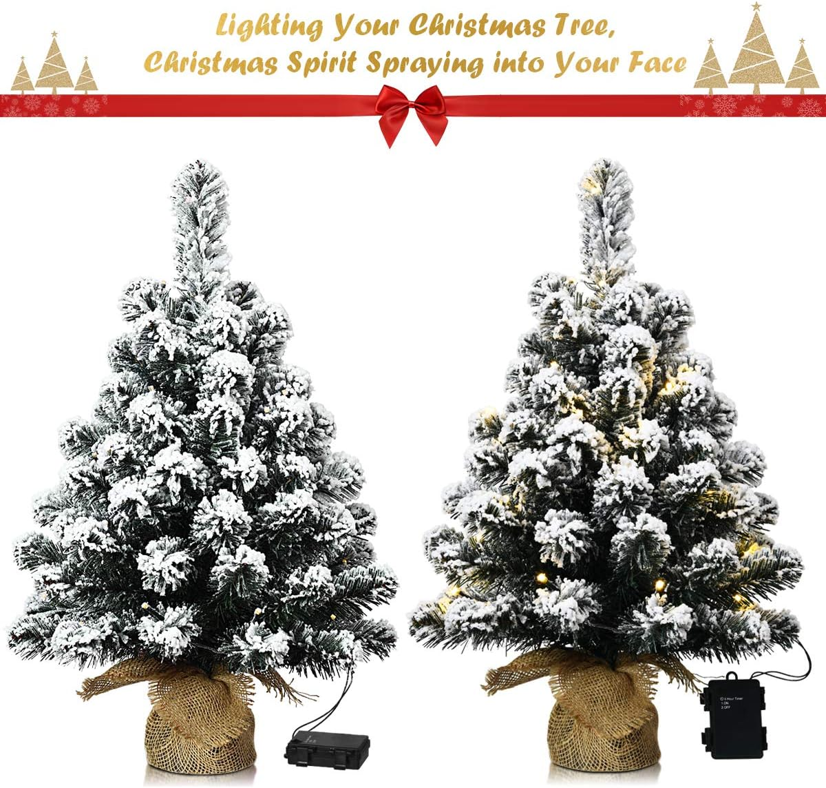 60CM Pre-Lit Snowy Christmas Tree, Mini Artificial Xmas Table Top Tree W/30 Warm White LED Lights, Battery Operated, 6 Hours Timer, Snow Flocked Tips, Potted Base W/Linen for Home, Office, Shop image number 2