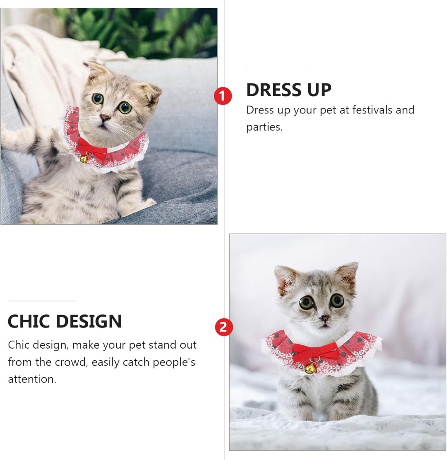 Mipcase 3Pcs Cat Bow Collar Bell and Lace Necklace for Party Christmas Wedding Occasion Cute Cat Bow Scarf Neckwear for Special Events image number 4