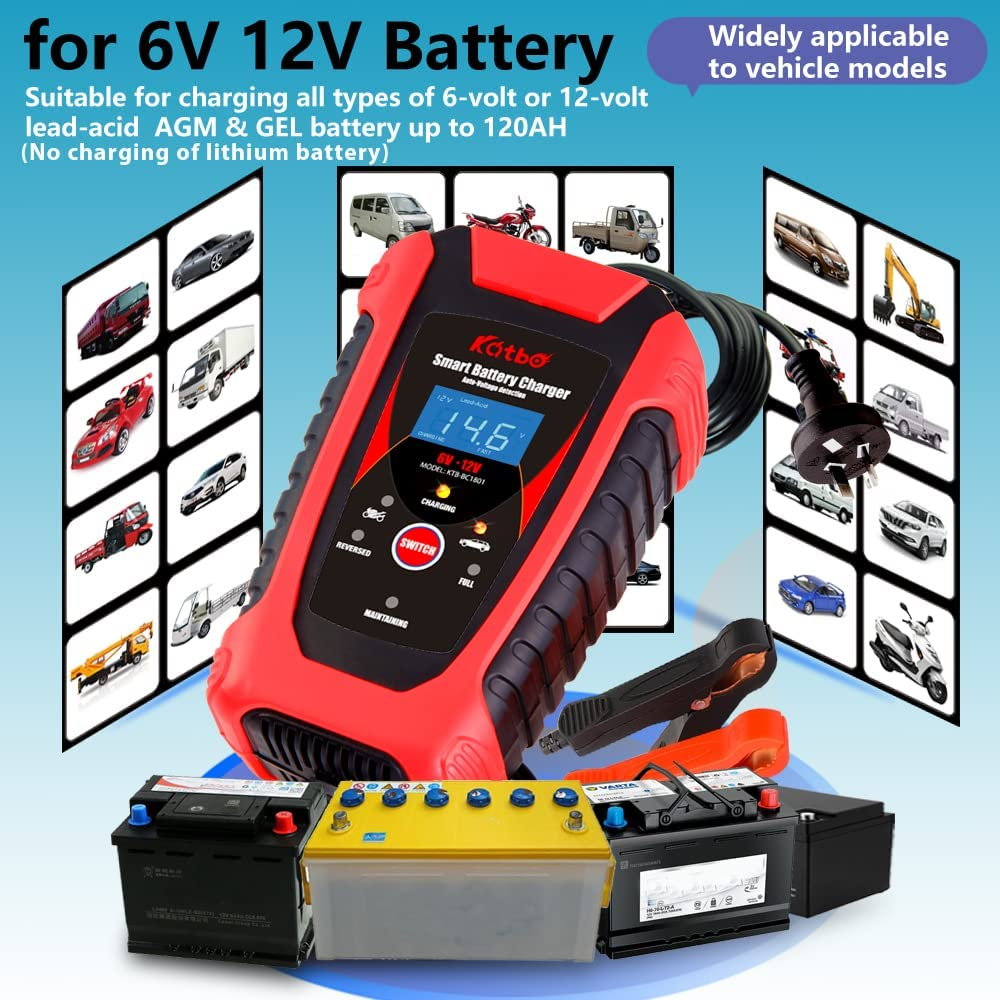 Katbo 6 Amp Smart Battery Charger Auto-Voltage Detection 6V 12V Automatic and Manual (Red)