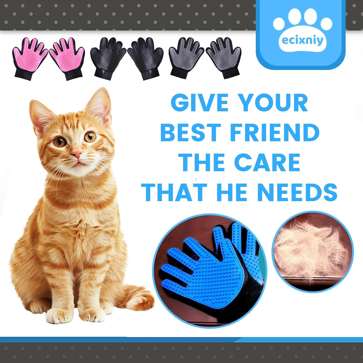 【Ecixniy】Pet Grooming Gloves,One Pair Gentle BPA Free Dog Washing Glove,Pet Hair Remover,Cat Brush Fur Removal Groomer for All Pet Hair Removal Needs-For a Clean Home & Happy Fur Babies（1Pair Black）