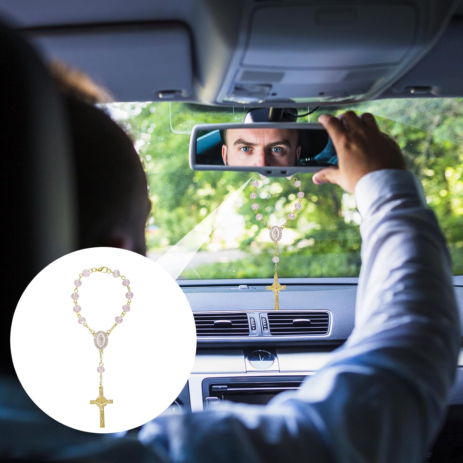 Car Rosary for Rearview Mirror, Car Rosary with Cross Pendant Religious Gift Catholic Hanging Accessory for Rear View Mirror image number 6