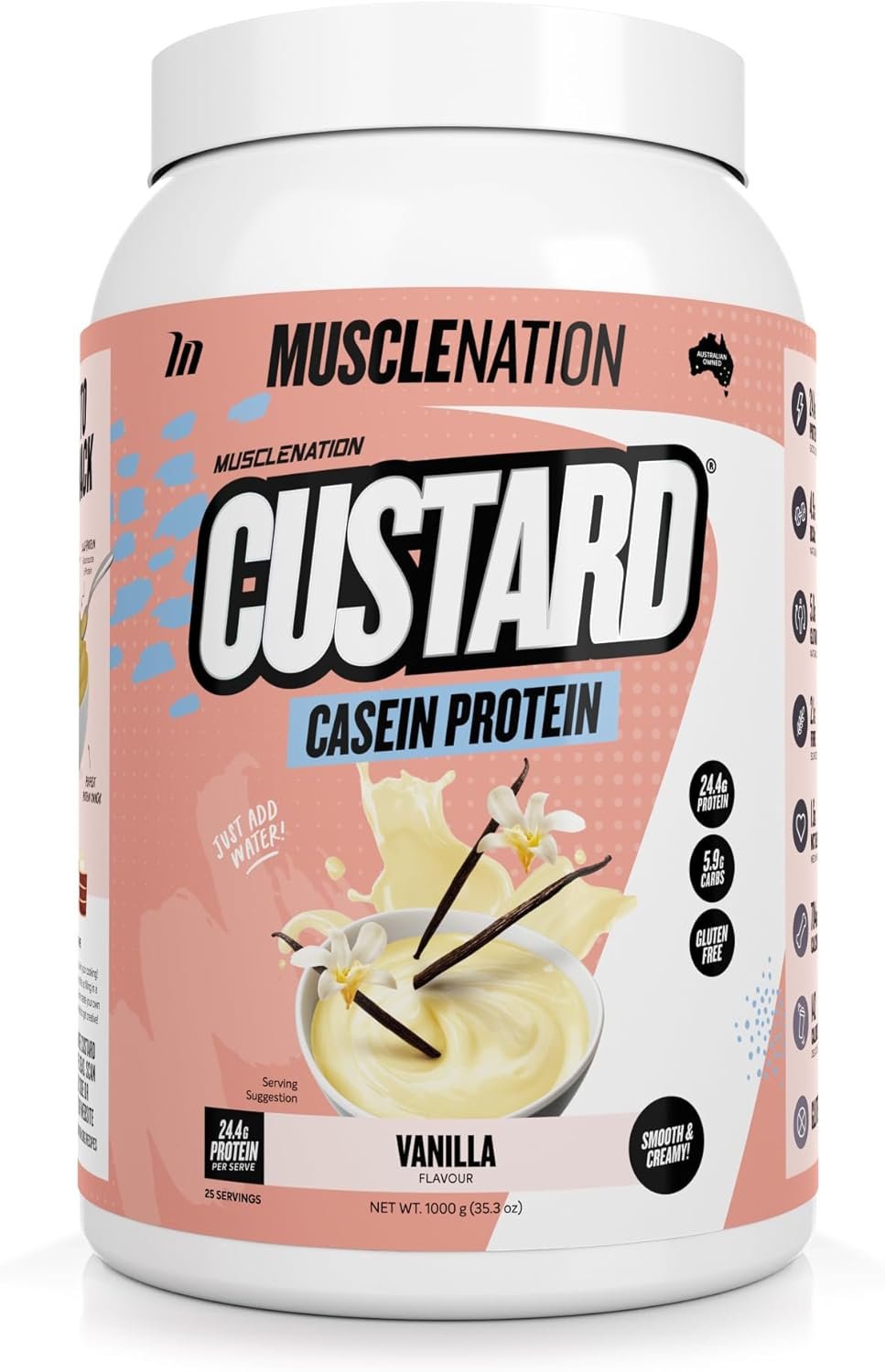 Muscle Nation Vanilla Custard Casein Protein Powder &ndash; Supports Muscle Recovery, High Protein, Low Carb, Vegetarian Supplement 1Kg (25 Serves) image number 2