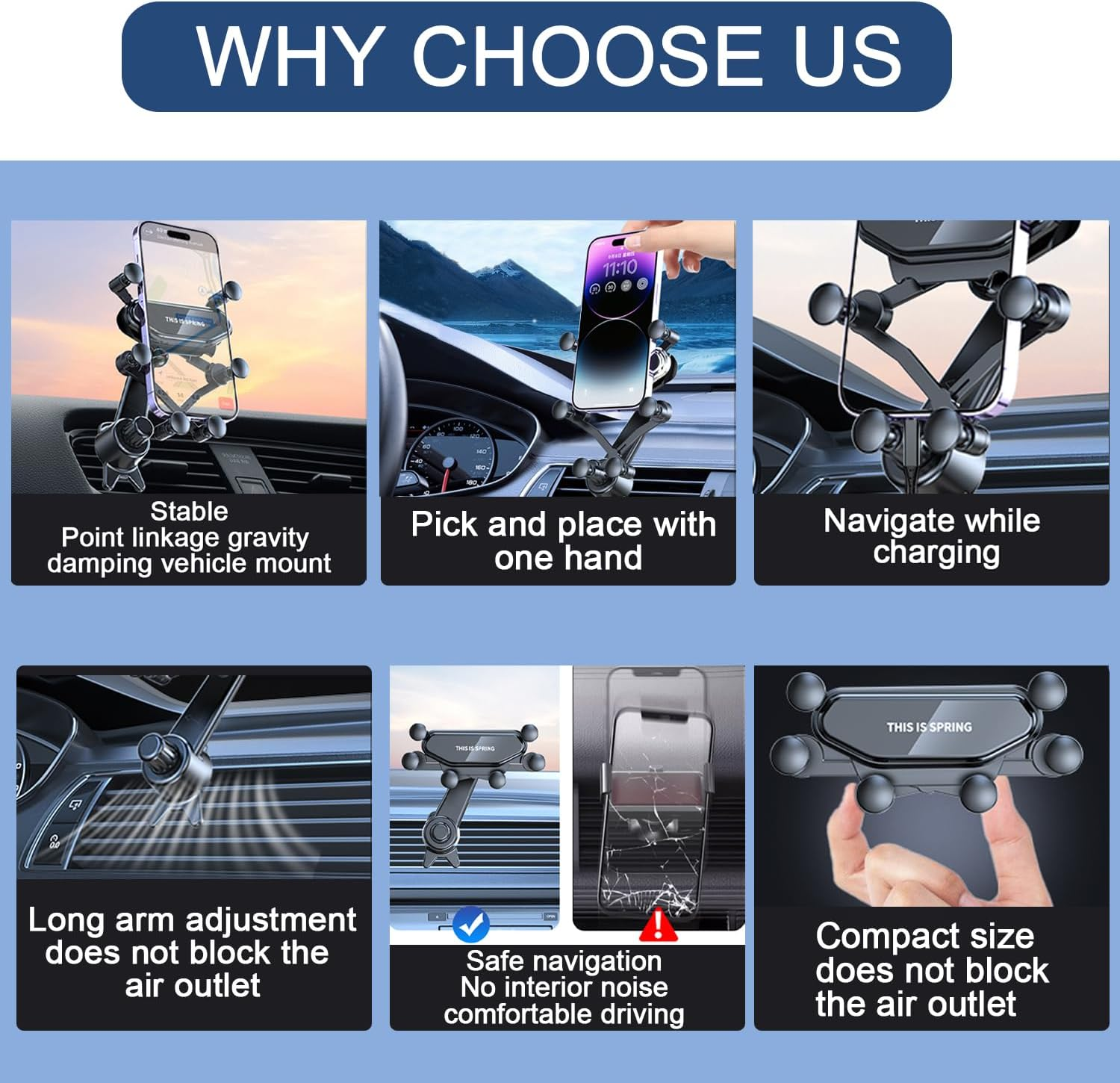 Car Phone Holder Mount with Newest Metal Hook Clip 360&deg; Rotation Six-Point Gravity Air Vent Cell Phone Car Mount Hands Free Universal Automobile Cradle Fit for 4.0-6.5 Inches Phones image number 2