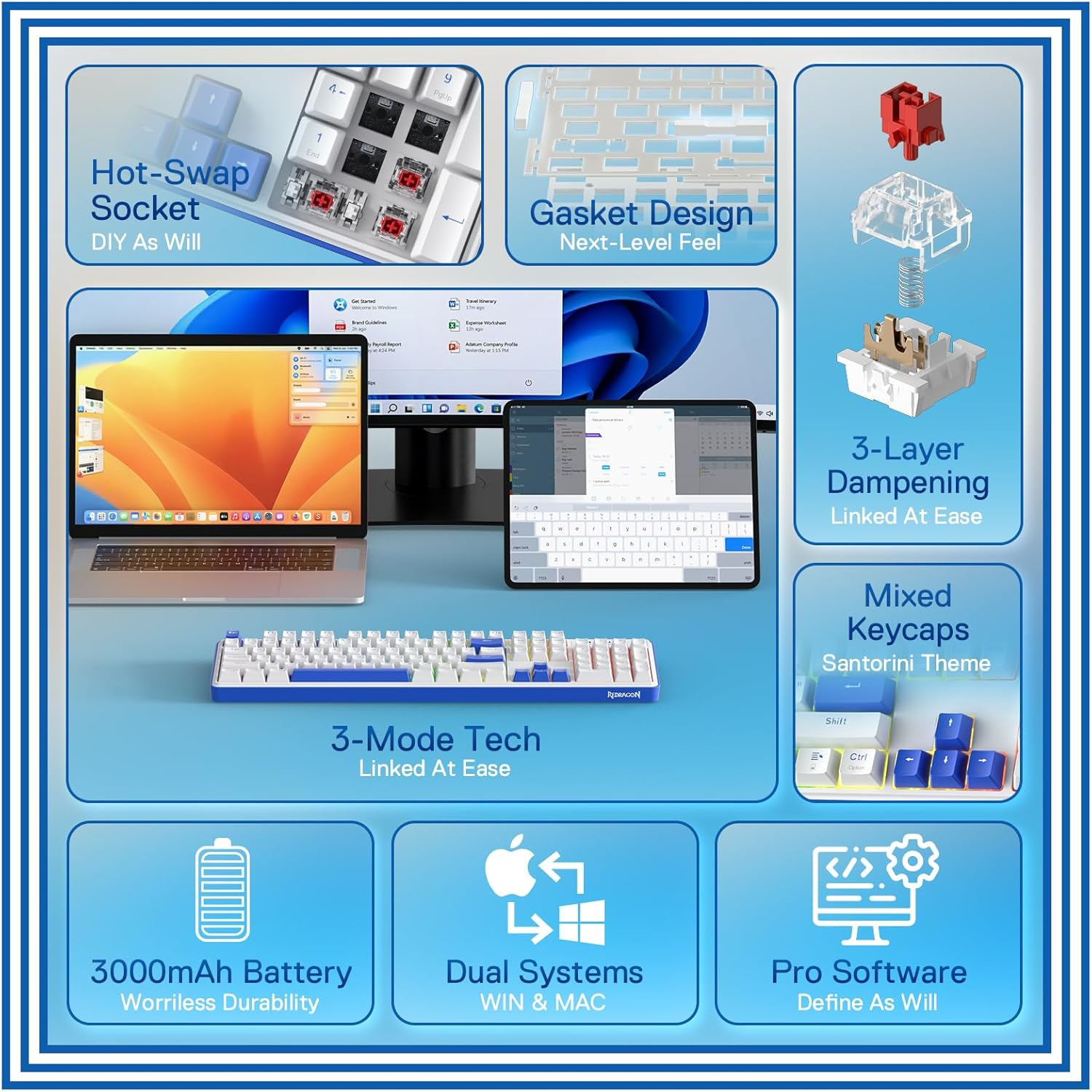 Redragon K685 PRO 104 Keys Wireless Gasket RGB Gaming Keyboard, 3 Modes 100% Layout Keyboard with Hot Swap Base, Sound-Absorbing Pads and Linear Red Switches, Small Blue & Oia White image number 4