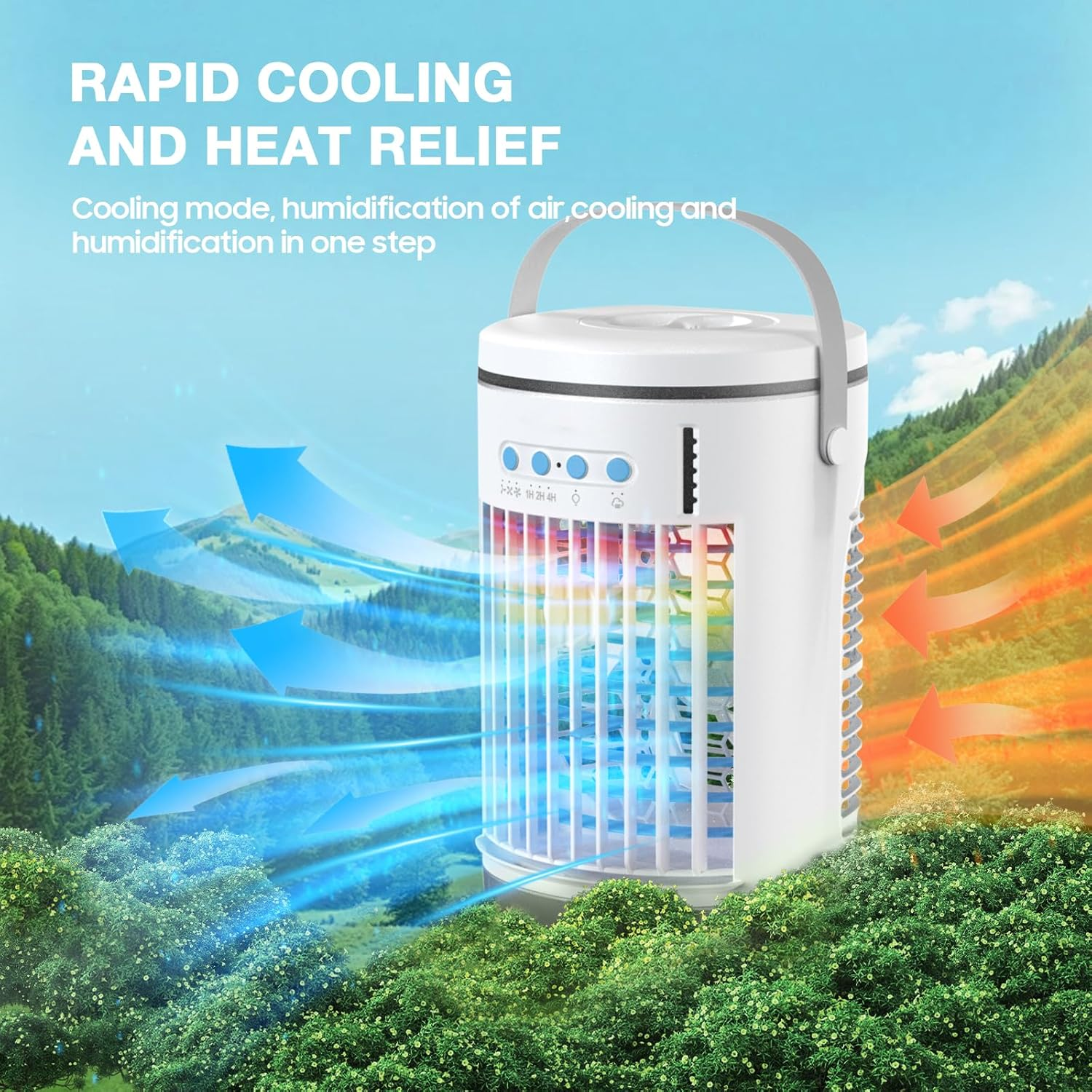 Portable Air Conditioner Fan,Rechargeable 4-IN-1 Personal Mini Cooler Humidifier,3-Speed Evaporative Air Cooler with 7 Color Lights,1400Ml Cordless AC Desktop Spray Fan,Remote Control Cooling Fan image number 5