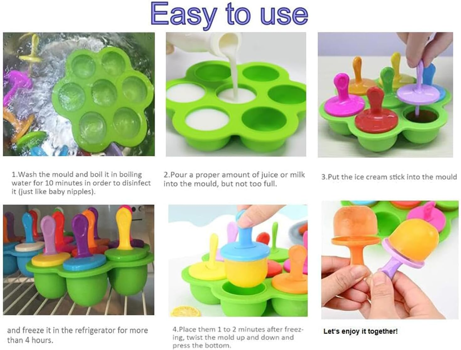 Mini Silicone Popsicle Mold, Food Storage Container 7-Cavity DIY Ice Pop Mold with Colorful Plastic Sticks Non-Stick Ice Cube Trays (Green) image number 5