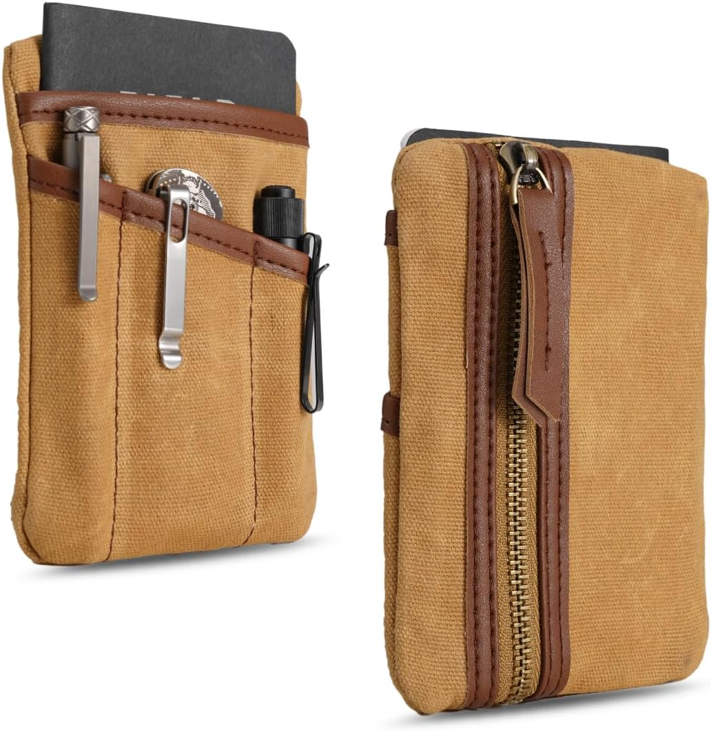SP4 EDC Pouch, Waxed Canvas Compact EDC Pocket Organizer, Zippered Pocket Pouch for Men, Mini EDC Organizer for Change, Notebook, Tactical Pen, Flashlight