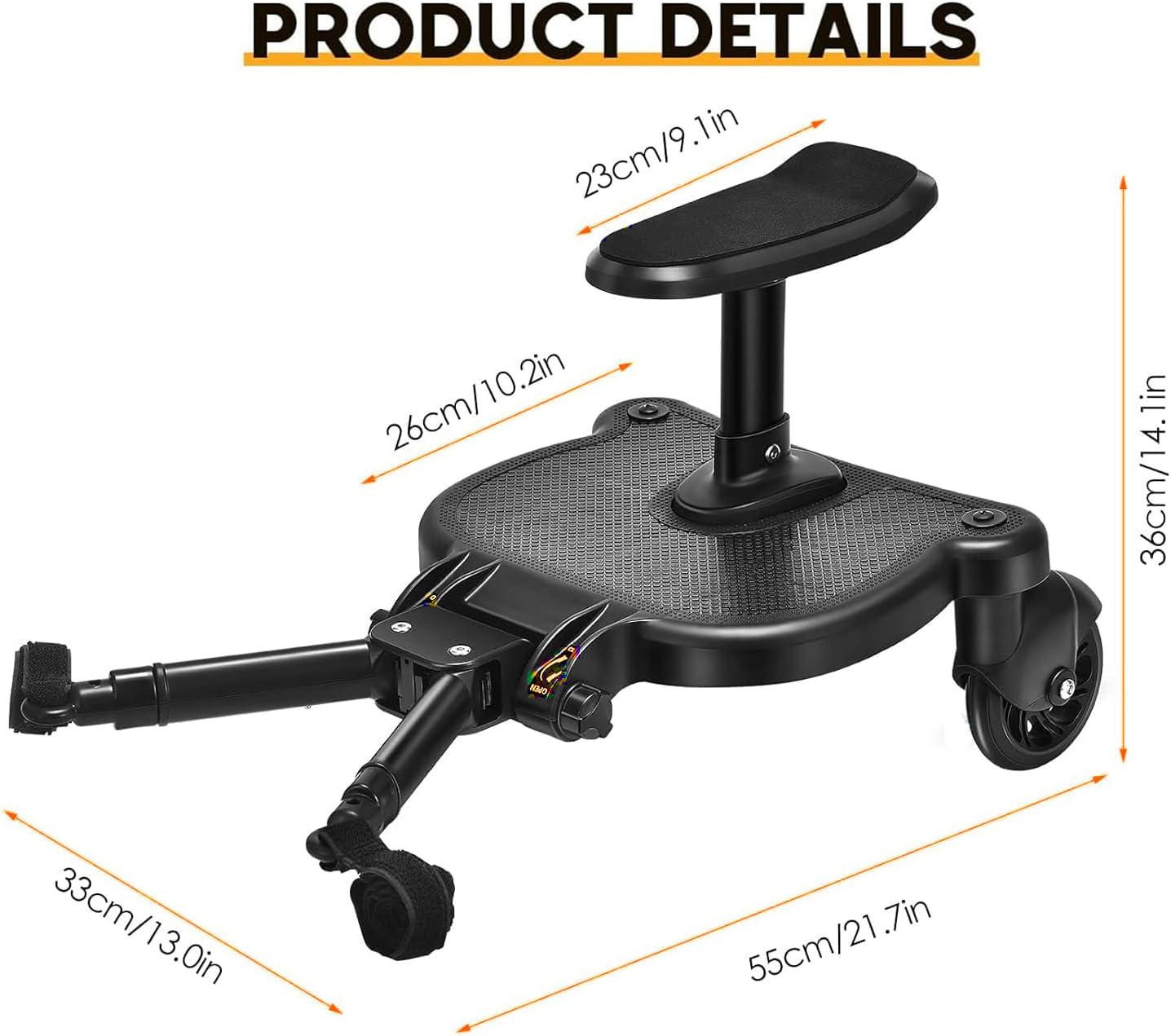 Universal Stroller Board with Replaceable Seat, 2 in 1 Sit and Stand Stroller Board, Stroller Standing Board, Stroller Attachment for Toddler to Ride, Holds Children up to 55Lb image number 4