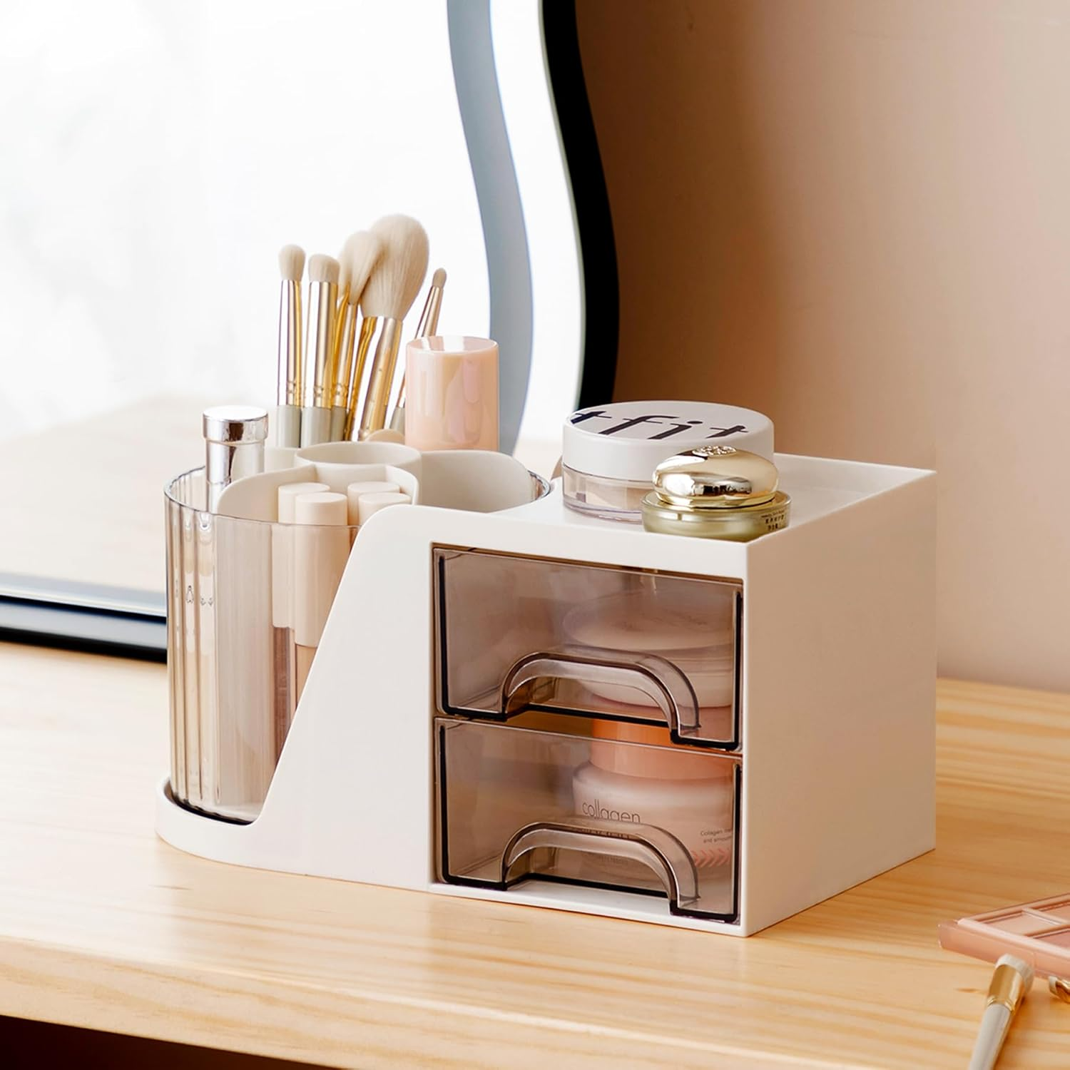 Desk Organizer, 360-Degree Rotating Pen Holder for Desk, Desk Organizers and Accessories with 6 Compartments Pencil Organizer, Art Supply Storage Box Caddy for Office, Home (White) - Cream image number 2