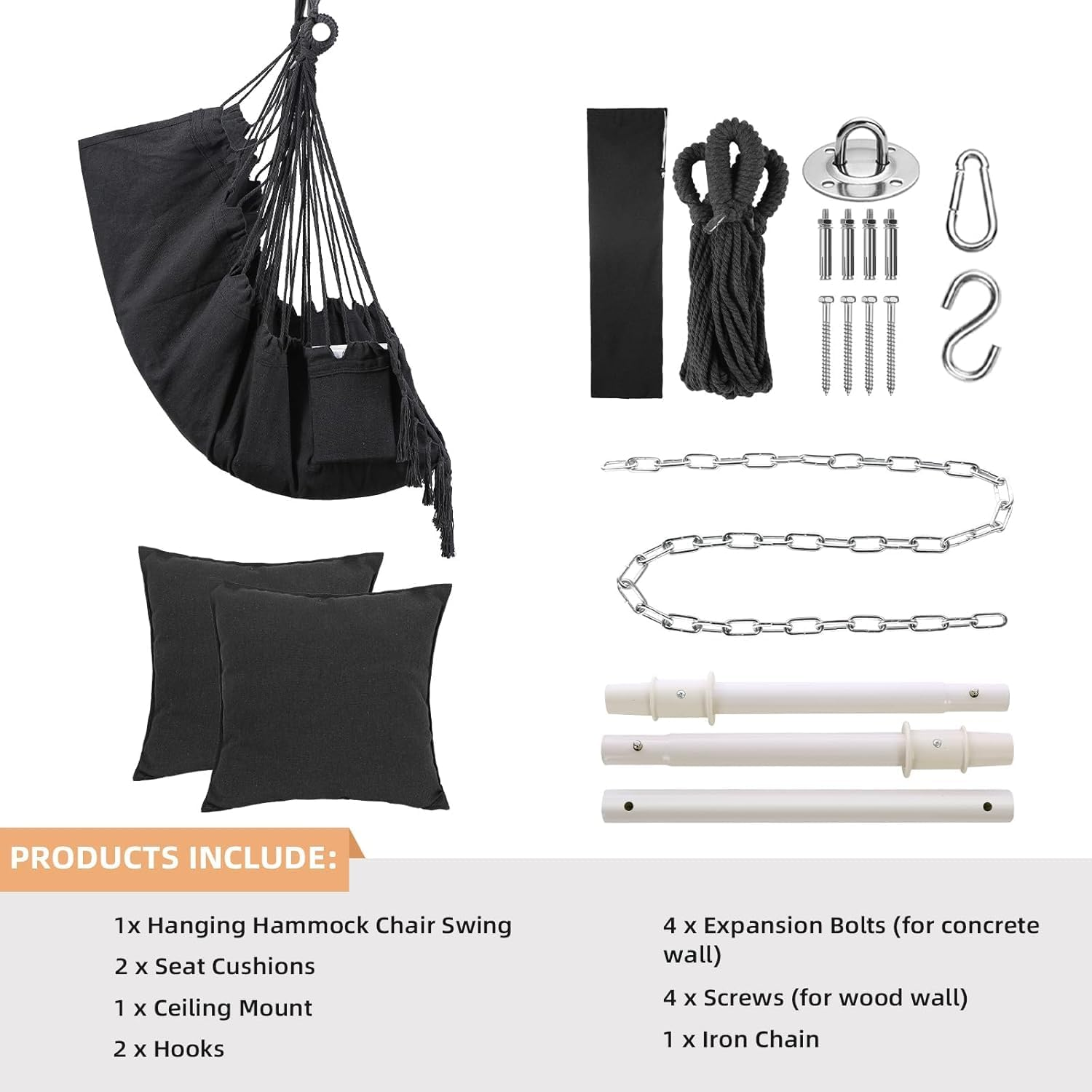 Hammock Chair Hanging Rope Swing Chair with 2 Seat Cushions & Installation Kit, Max 150Kg,Hammock Swing Hanging Chair (Gray) image number 1