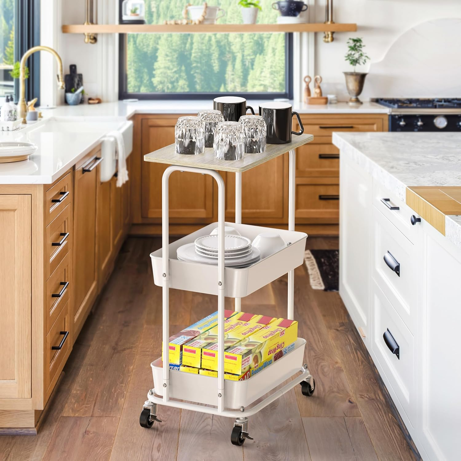 Simple Houseware 3 Tier Trolley Cart with Top Board, Metal Utility Cart, Maple - Rustic Brown image number 5