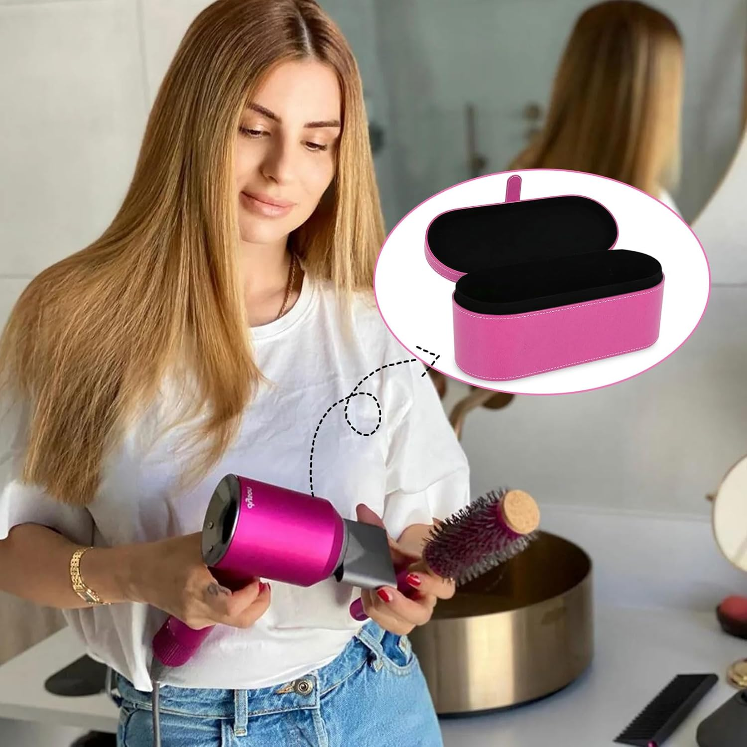 Hair Dryer Storage Bag, Portable Travel Bag for Hair Dryer, PU Leather, Hard Box, Storage Box for Dyson Supersonic Hair Dryer (Rose Red) image number 3