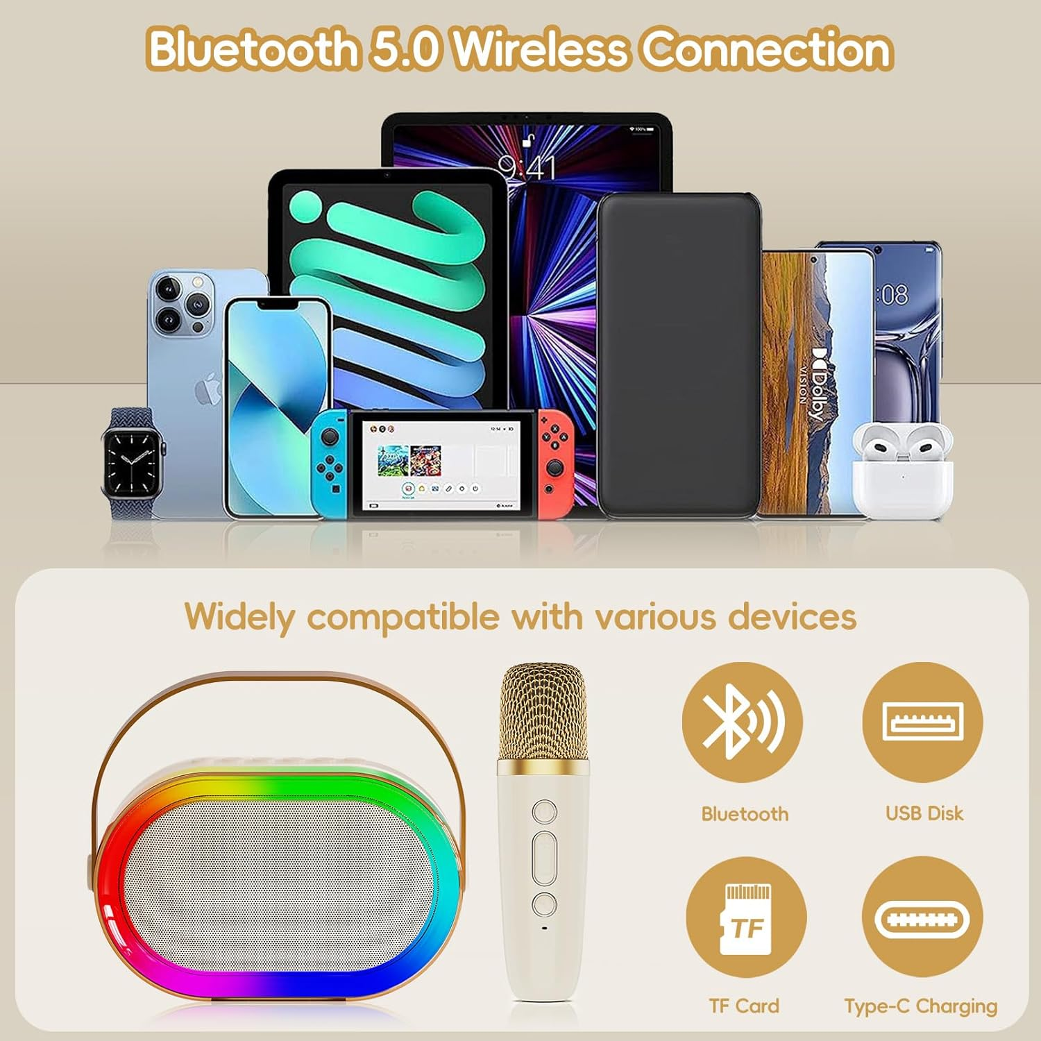 JYX Karaoke Machine for Boys and Girls, Portable Bluetooth Speaker Mini Karaoke Machine with 2 Wireless Microphones & LED Lights for Home Party Gathering, Birthday Gifts for Girls Boys (15W) image number 2