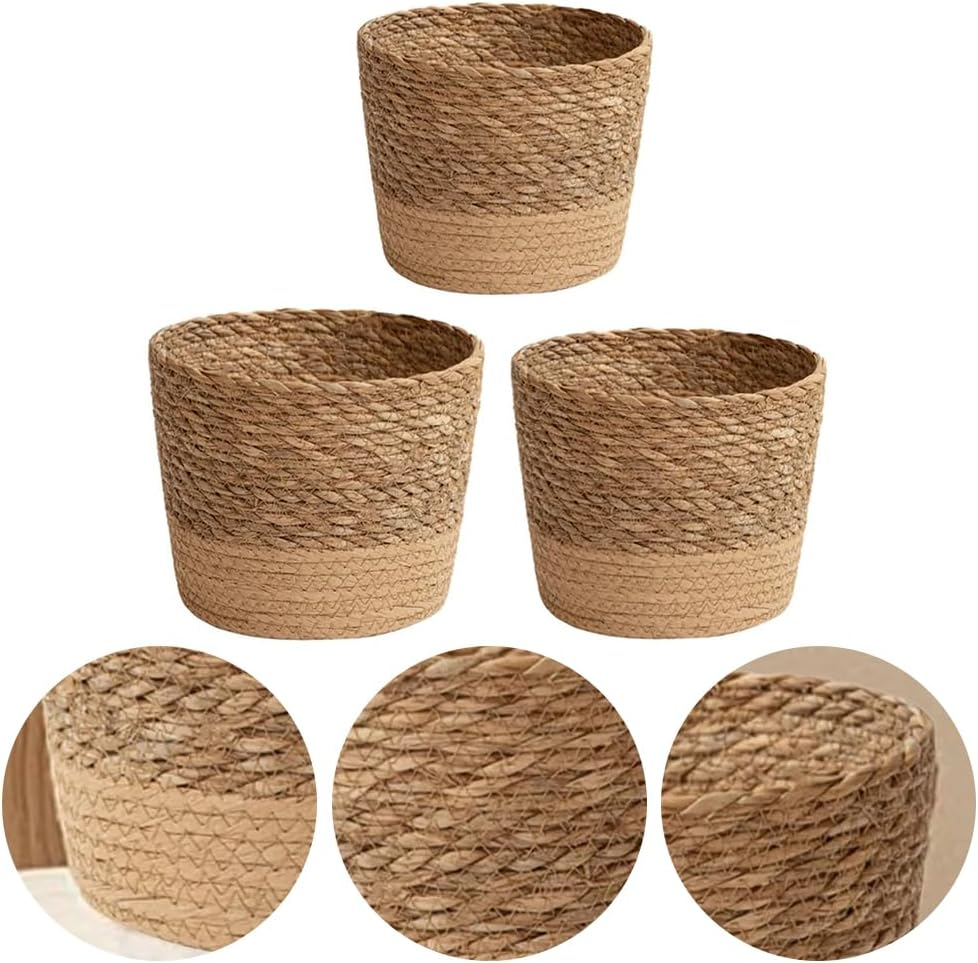 3 Pcs Handwoven Seagrass Planter with Waterproof Layer, Woven Tea Room Storage Baskets, Multi-Size Plant Pots &Organizer Bins, Rustic Coffee Brown Home Decor, for Living Room, Bedroom, Office image number 1