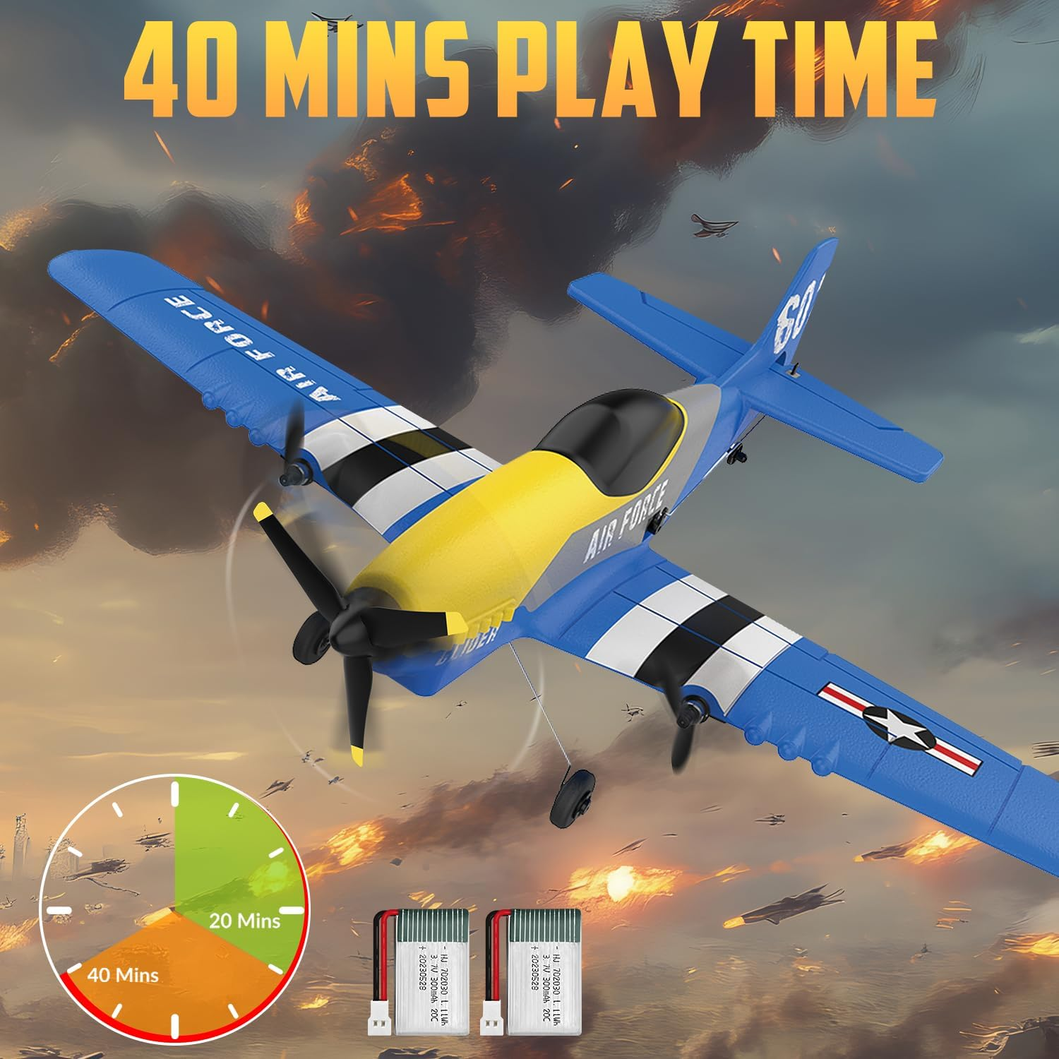 HAWK'S WORK 3 Channel RC Plane P-51D Mustang, Remote Control Airplane Ready to Fly, 2.4Ghz 6-Axis Gyro Stabilizer, Easy to Fly for Kids & Beginners - 3Ch-Blue image number 4