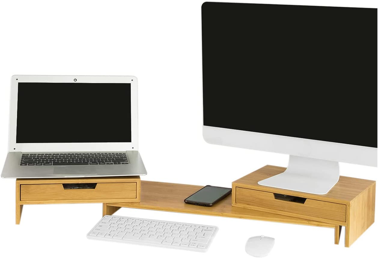 Sobuy 2 Drawers Bamboo Monitor Stand Computer Screen Monitor Stand Monitor Riser Desk Organizer for 2 Monitors BBF04-N image number 2