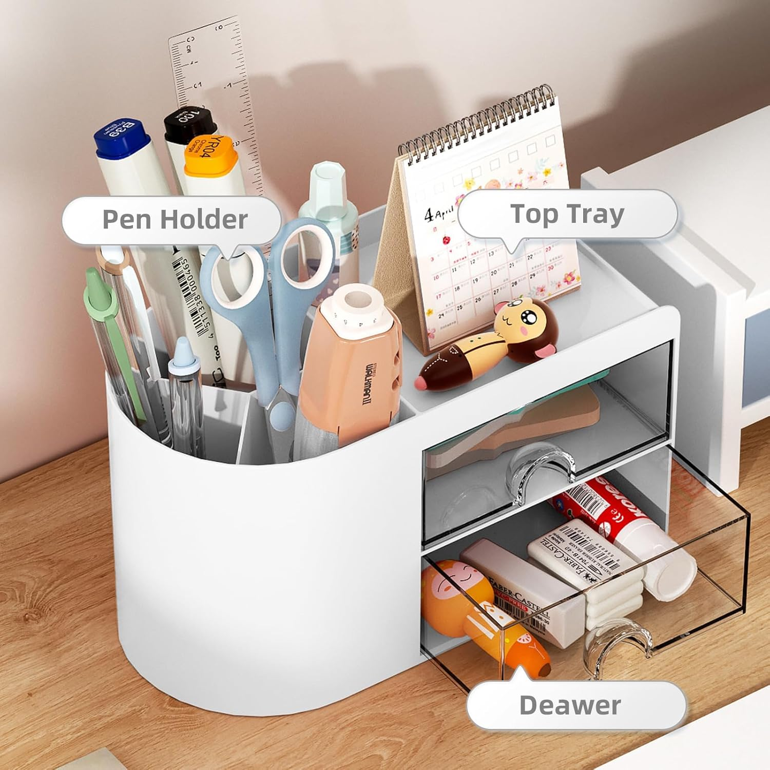 Office Desk Organizer with Drawer, Pencil Pen Holder for Desk, Cute Desktop Stationery Organizer, Business Card/Pen/Pencil/Stationery Holder Storage Box image number 1