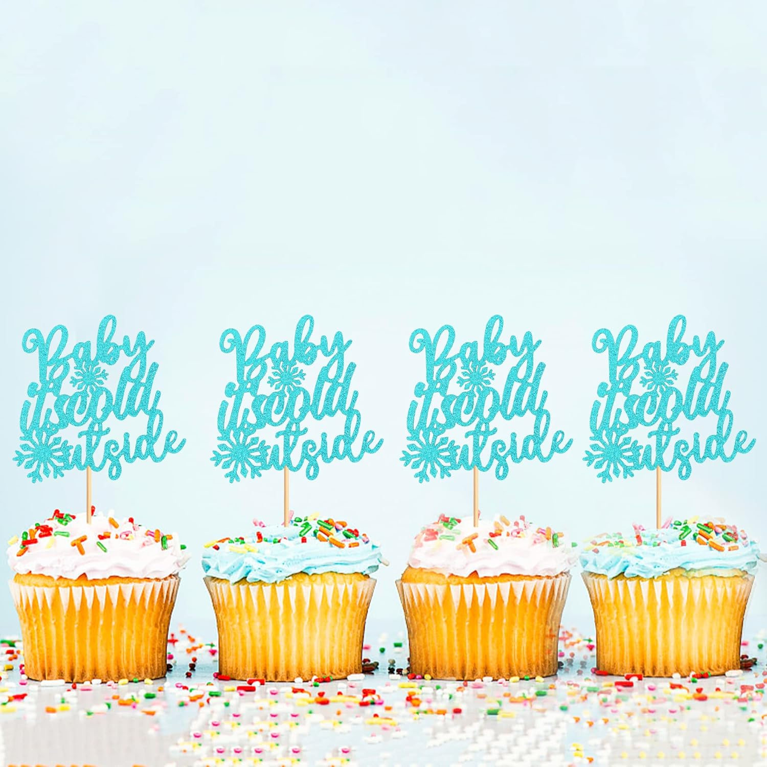 24Pcs Snowflake Baby It'S Cold outside Cupcake Toppers Glitter Blue Baby It'S Cold outside Cupcake Picks for Winter Baby Wonderland Xmas Baby Shower Party Cake Decor Supplies image number 4
