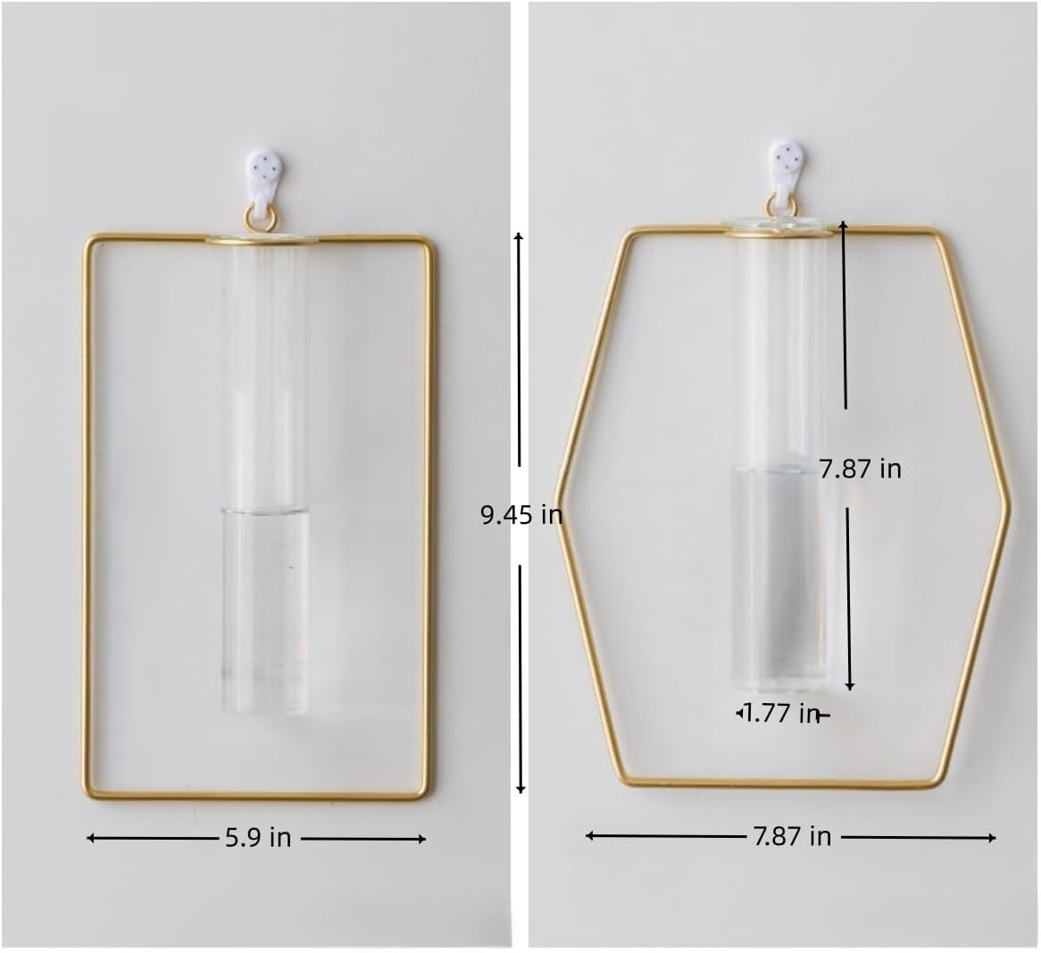 2 Pack Nordic Wall Vase Hanging Geometric Gold Flower Vase Wall Mount Metal Frame Vases Hydroponic Glass Bud Vase Decor for Home Wedding Farmhouse image number 6