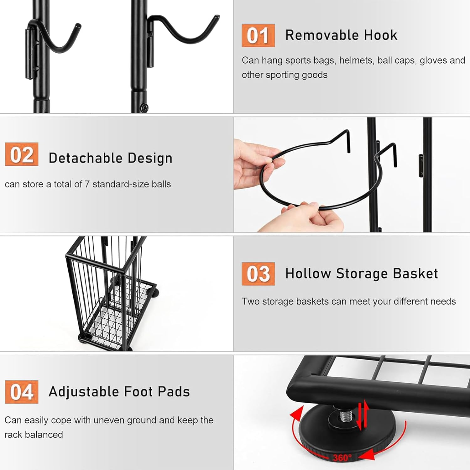 Basketball Rack,Sports Equipment Organizer,7 Tier Standing Basketball Holder Garage Ball Storage for Volleyball Football Badminton,Indoor/Outdoor Ball Storage Rack with Baskets,Side Bin and Hooks image number 5