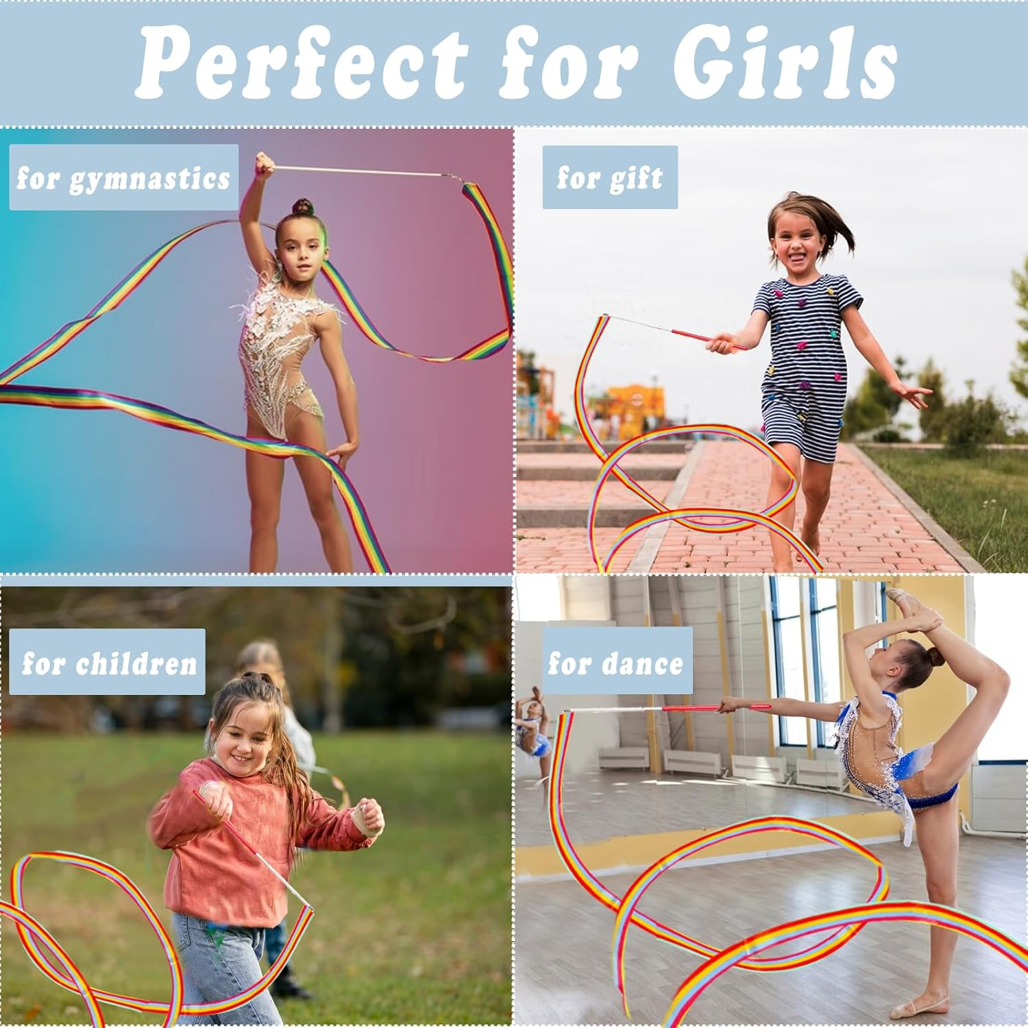 10 Pieces 2 Metre Art Gymnastics Rhythmic Band Swirling Baton Bar, Gym Dance Ribbon Wall Streamer and Stick for Children, Rainbow