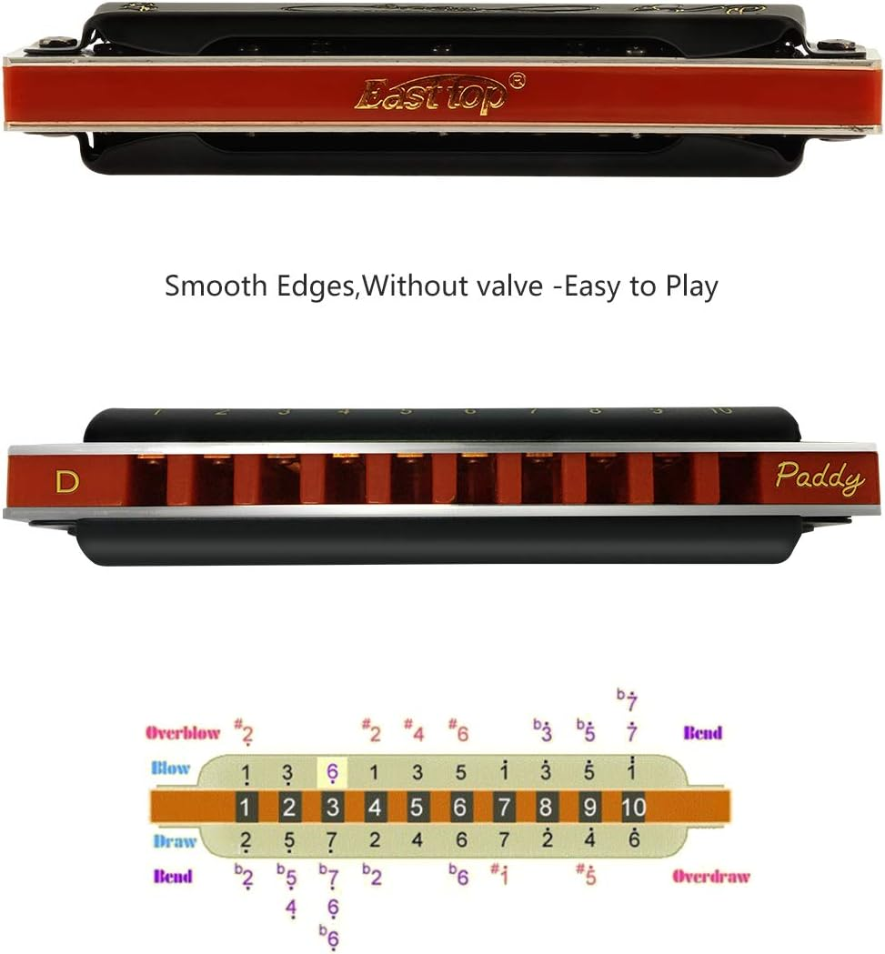 East Top Harmonica Key of Paddy D, 10-Hole Diatonic Blues Harmonica Mouth Organ with Case for Adults, Professionals, Beginner, Students and Kids,As Gift