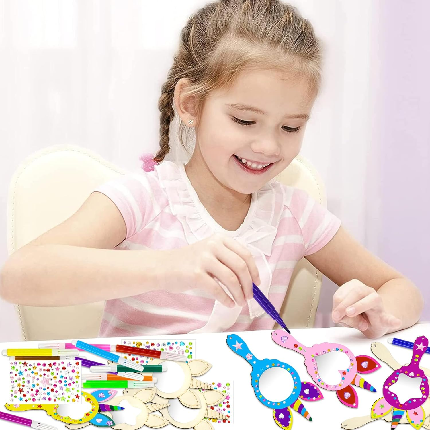 Unicorn Crafts, 27 Pieces DIY Wooden Mirror Craft, Mini Wooden Unicorn Mirror, Wooden Unicorn Mirror, Craft Set Children'S Birthday Unicorn, Wooden Mirror for Painting for DIY Children Painting, Children'S Gift Party image number 2