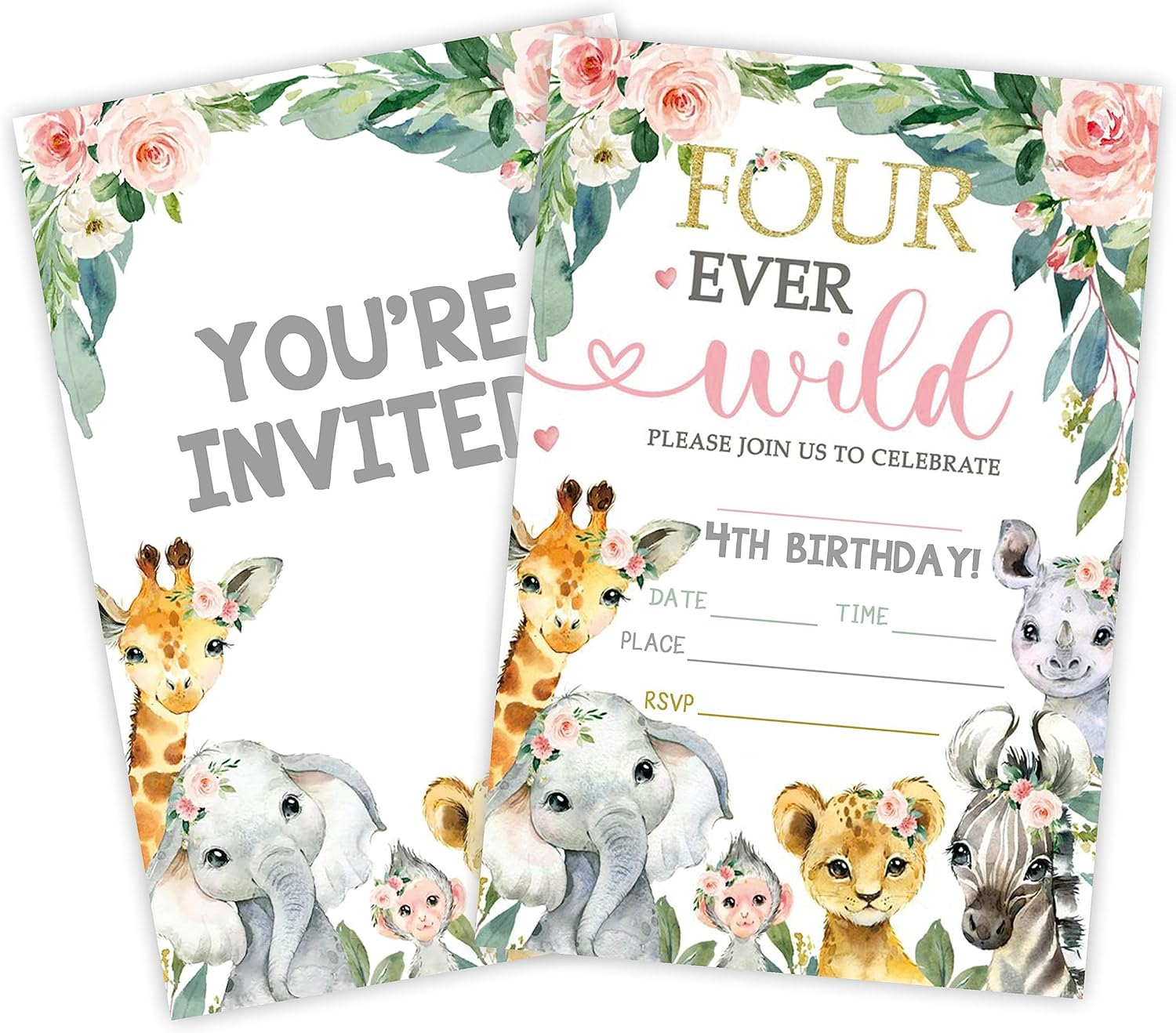 Two Wild Birthday Party Invitation, 2Nd Jungle Animals Invite Cards（20 Count) with Envelopes, Floral Fill in Style Invite Cards for Boys, Girls, Kids, Birthday Party Supplies-A50