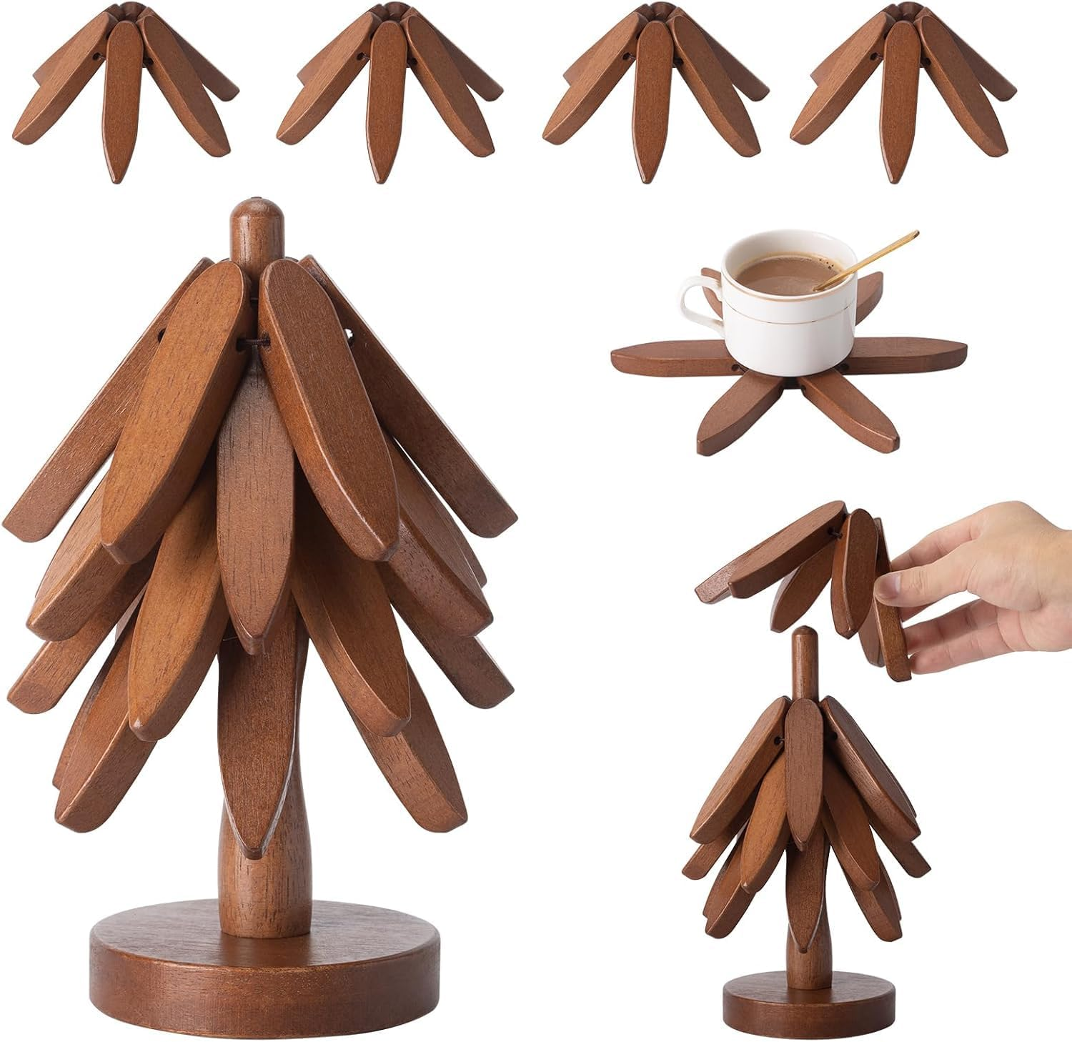Wooden Tree Trivets Set of 4, Walnut Wood, Auto-Folding, Multi-Functional, Brown image number 4