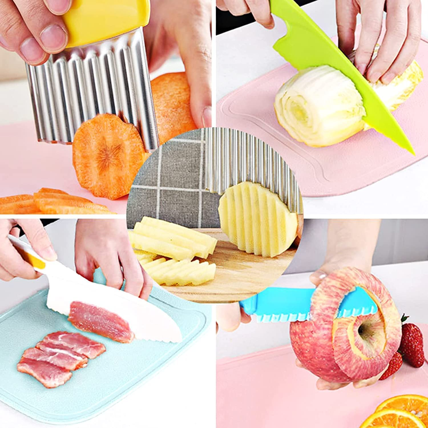 Wooden Kids Knife, Kids Safe Knives Set Include Wooden Toddler Knife for Cooking Plastic Potato Slicers Peeler Serrated Edges Veggies Knives for Kitchen Children Cooking (7PCS) image number 5