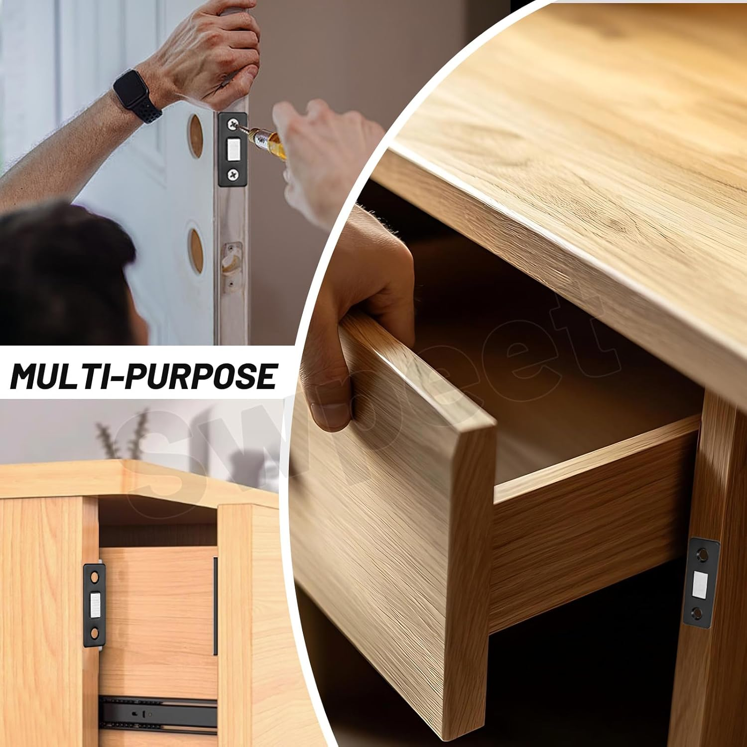 Swpeet 12 Pack Black Stainless Steel Cabinet Magnetic Catch Assortment Kit, Ultra Thin Cabinet Magnetic Catch Adhesive Cabinet Door Magnets for Door Kitchen Cupboard Closure Closet Door Closer image number 4