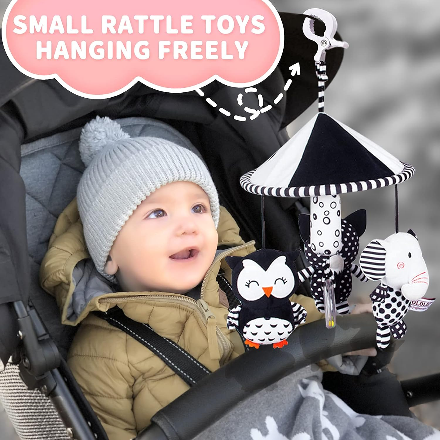 AUYYOSK Baby Cartoon Animal Stuffed Hanging Rattle Toys, Clip-On Car Stroller Toy for 3-6 to 18 Months, Soft Plush Cotton, White image number 2