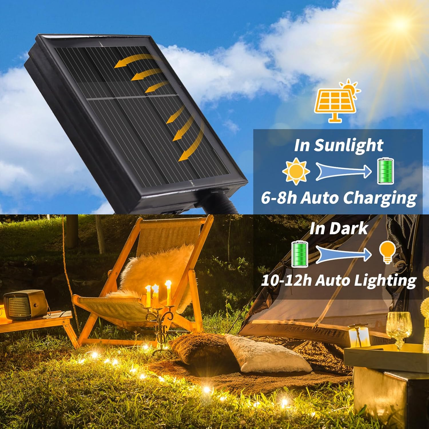 Solar Powered 20M 200LED Outdoor String Lights Waterproof IP65 with 8 Modes Warm White Fairy Light for Garden Patio Decoration Auto On/Off image number 5