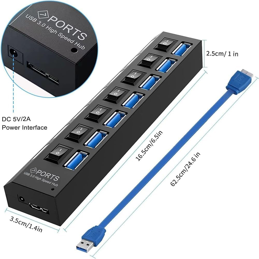 USB HUB,7 Port USB 3.0 HUB 5.0Gbps Data Transfer, with Independent LED Power Switch for XPS, PC, Flash Drives, Portable Hard Drives, Etc., image number 4