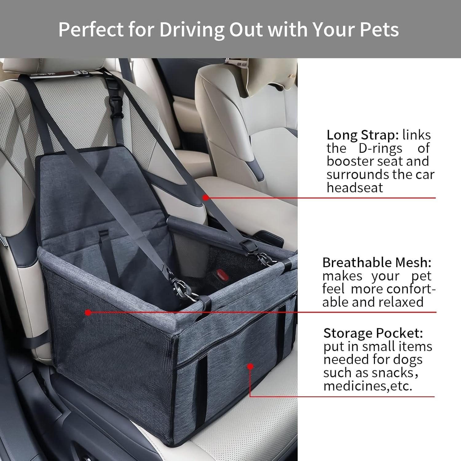Dog Car Seat Bed - Travel Safety Seat for Medium Dogs up to 30Lb, Breathable, Folding, Washable Travel Bag for Dogs or Other Small Pets (Black)